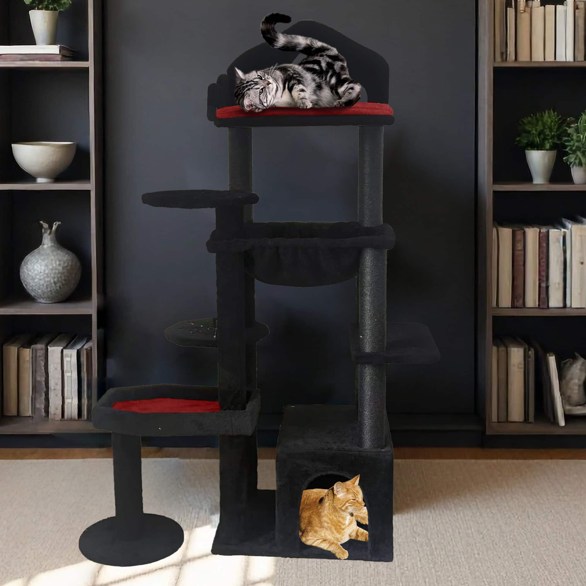 Siljoy - 58in Black Gothic Cat Tree with Coffin Bed, Spooky Cat Cave & Sisal Ladder, Dark Themed Tower for Multiple Cats