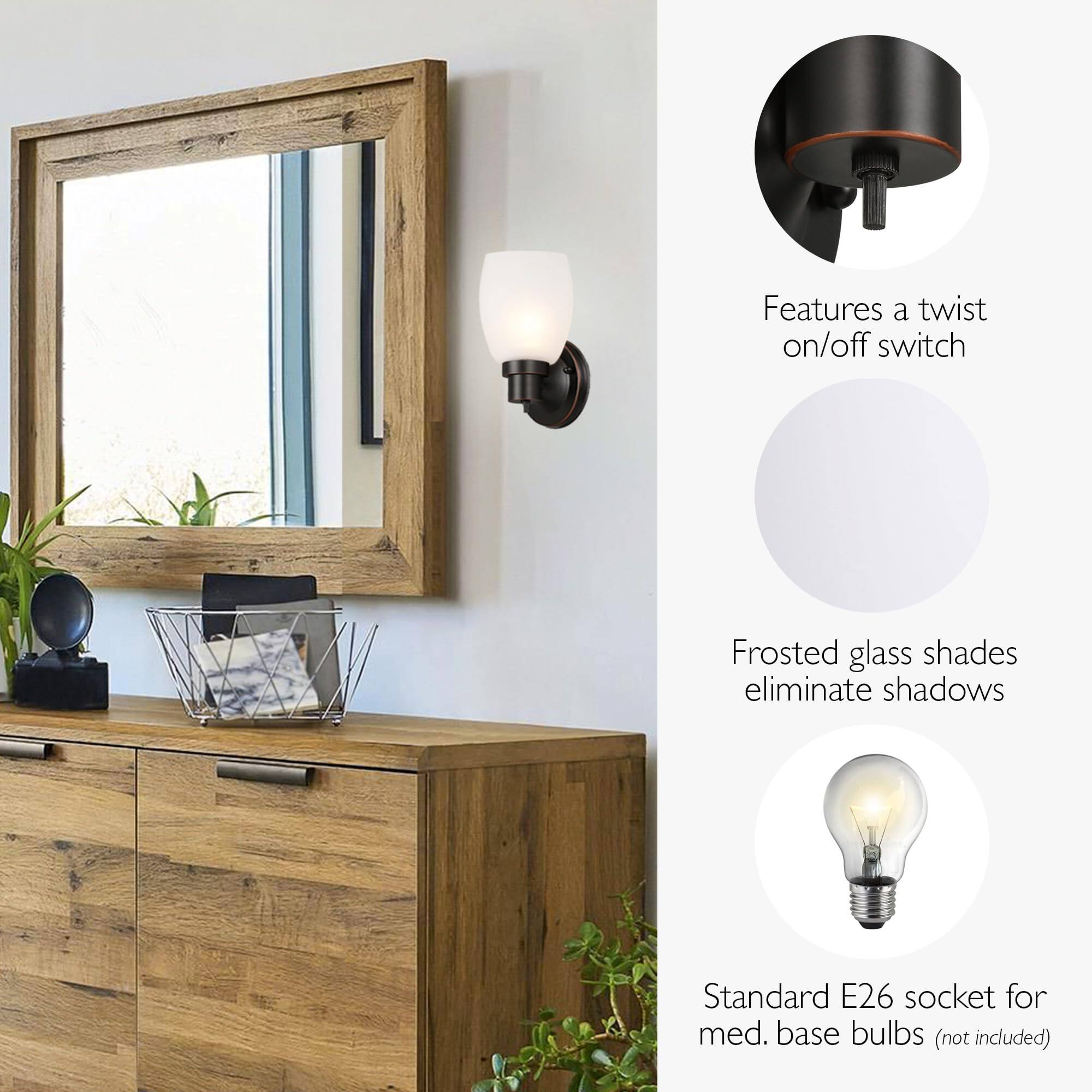 - Features a twist on/off switch
- Frosted glass shades eliminate shadows
- Standard E26 socket for med. base bulbs (not included)
