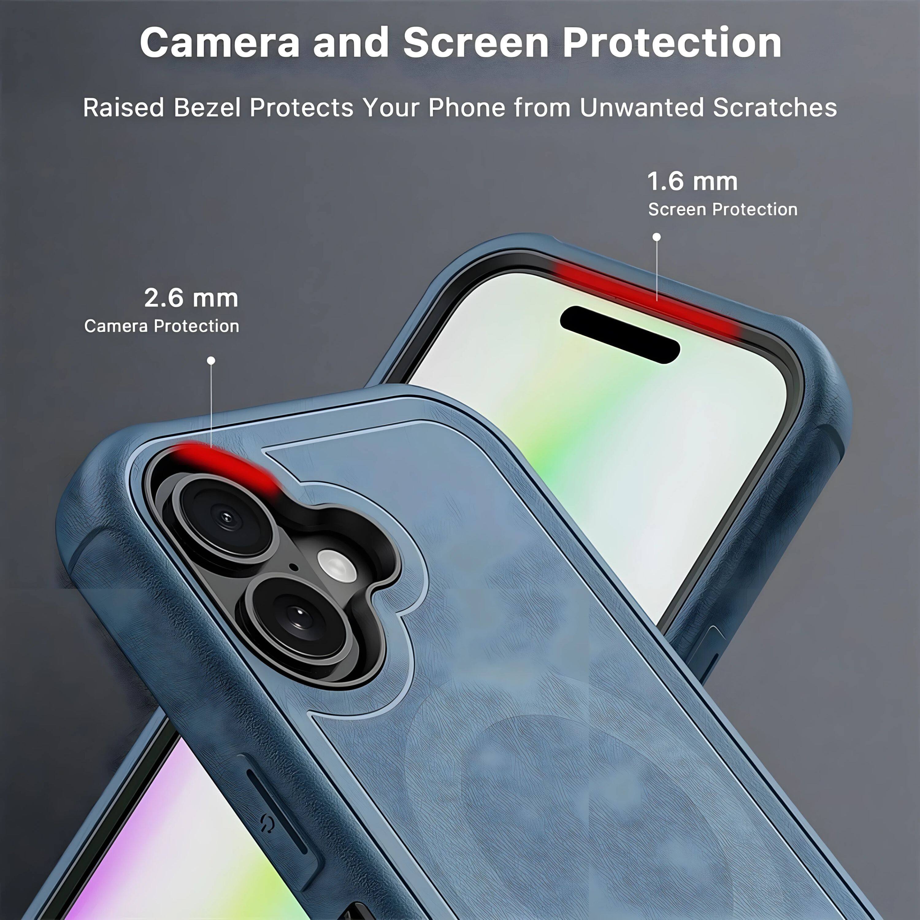Camera and Screen Protection  
Raised Bezel Protects Your Phone from Unwanted Scratches  

1.6 mm  
Screen Protection  

2.6 mm  
Camera Protection