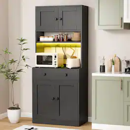 Furnulem - 71 In Kitchen Pantry Storage Cabinet With Doors Drawer Farmhouse Pantry Cabinet With Power Outlet Led Light - Black