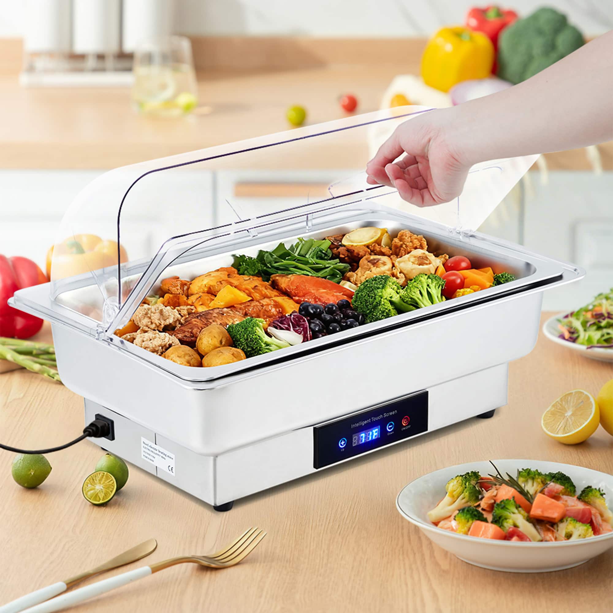 GARVEE - Electric Chafing Dish Buffet Set, 9 QT Stainless Steel Food Warmer with Temperature Control & Transparent Roll Top Lid - Silver