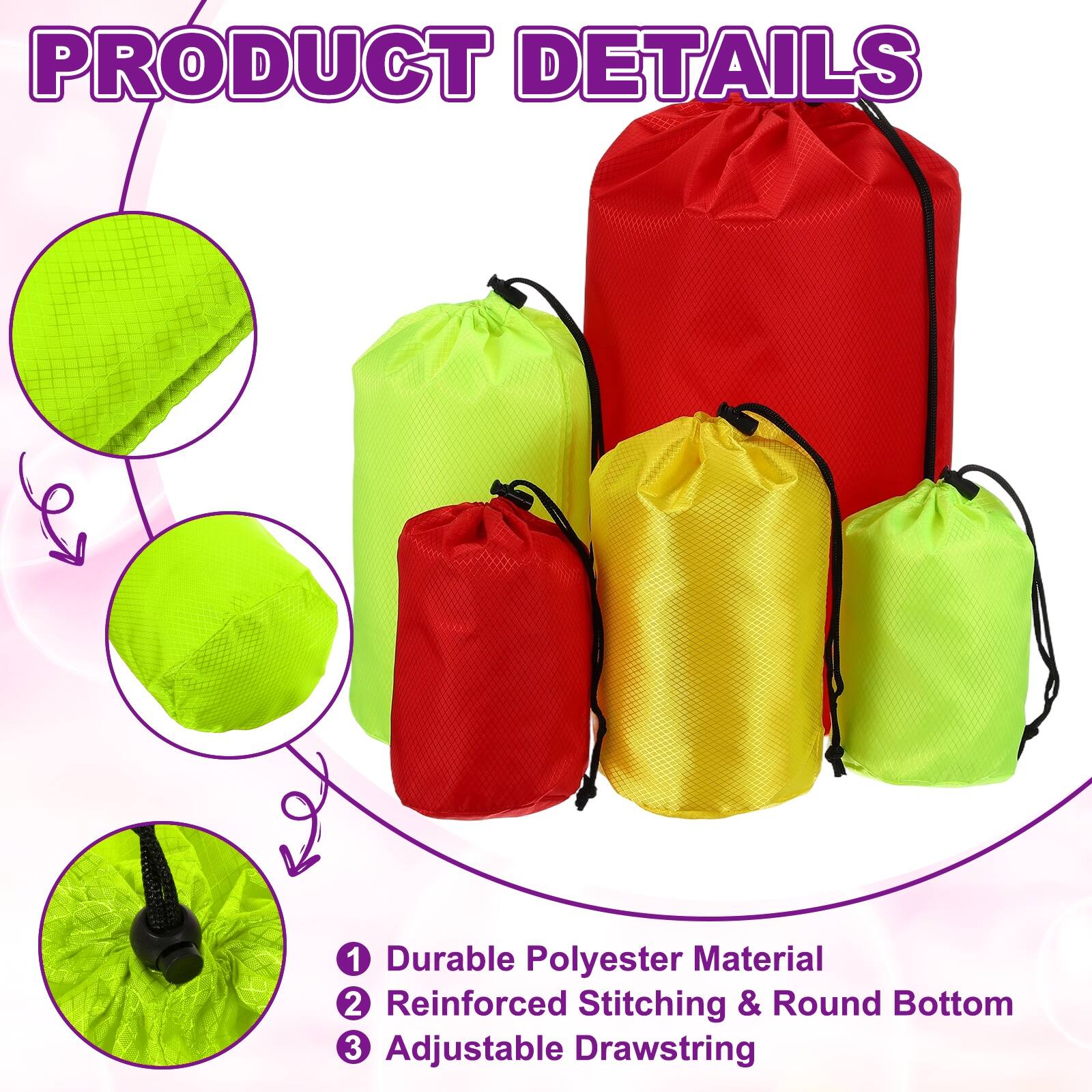 PRODUCT DETAILS

1. Durable Polyester Material
2. Reinforced Stitching & Round Bottom
3. Adjustable Drawstring