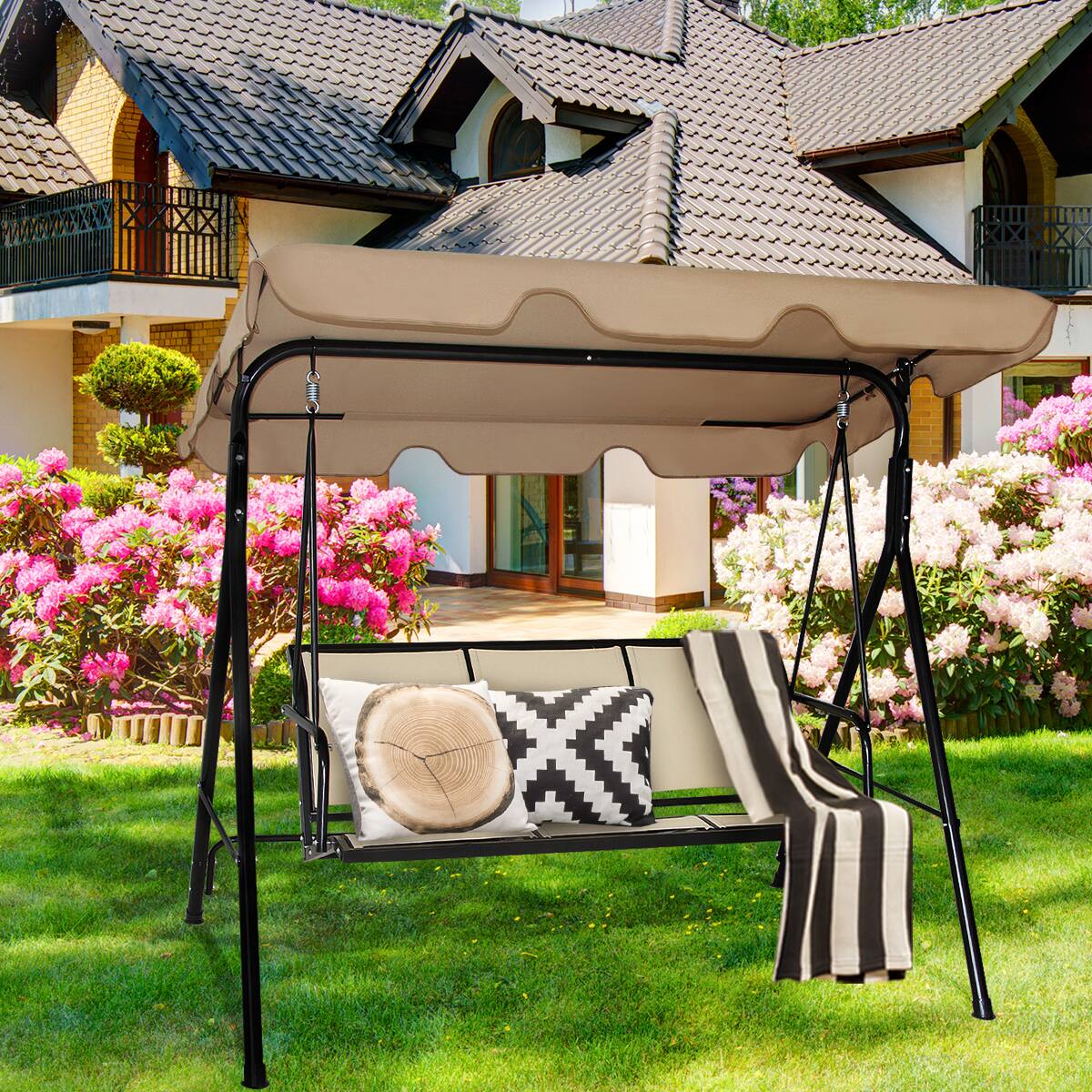 Alt View 3. Costway - Costway Outdoor Patio Swing Canopy 3 Person Canopy Swing Chair Patio Hammock - Brown.