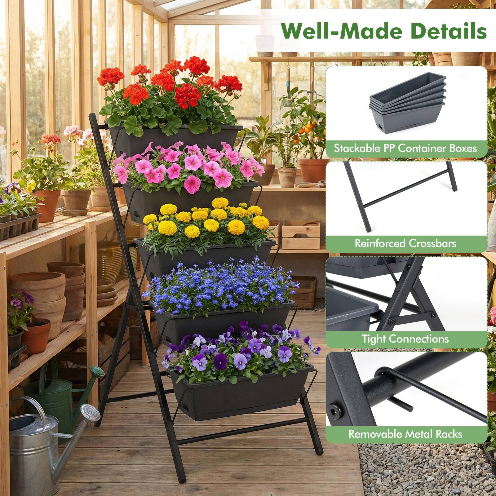 Well-Made Details

- Stackable PP Container Boxes
- Reinforced Crossbars
- Tight Connections
- Removable Metal Racks