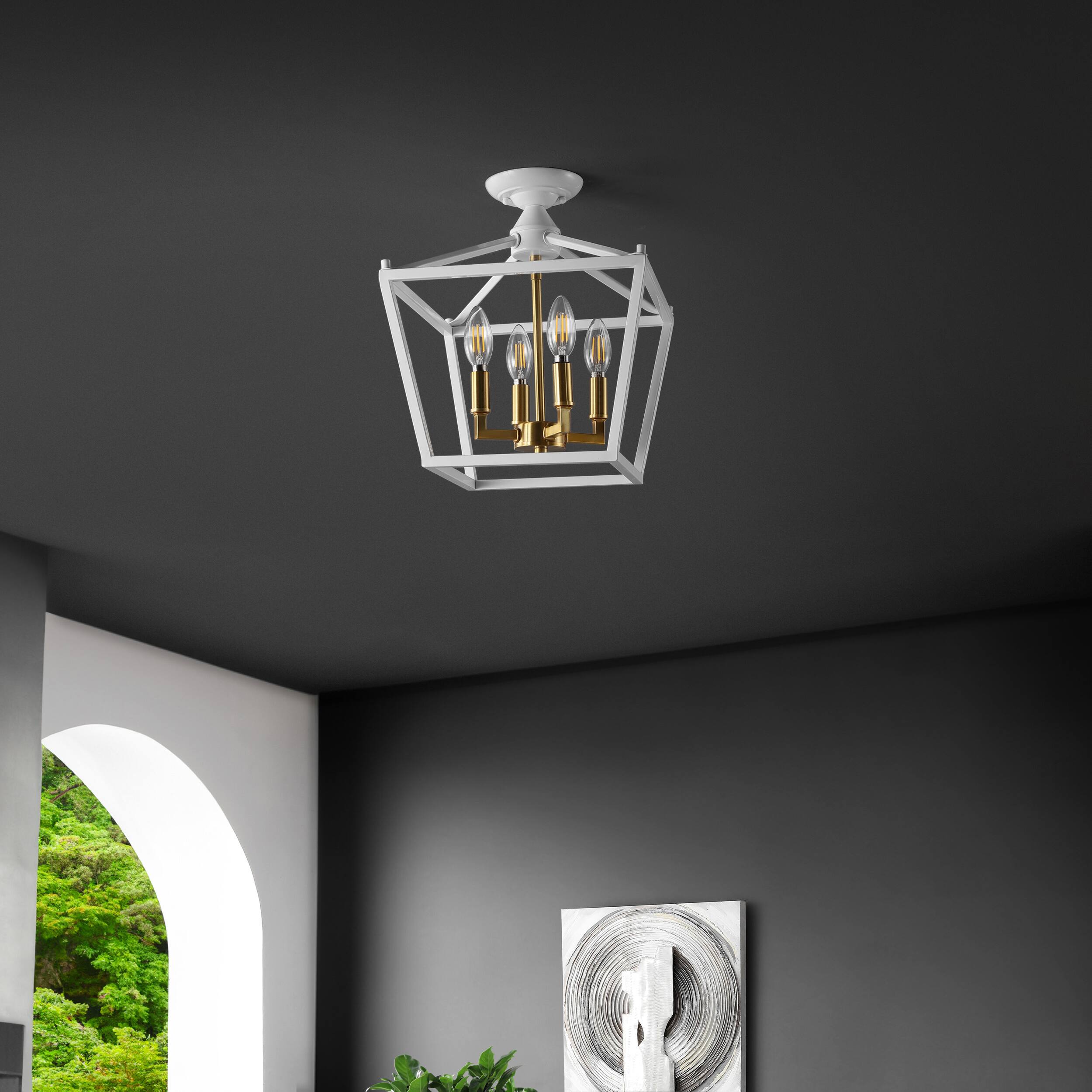Alt View 5. Jonathan Y - Plains 12" 4-Light Modern Farmhouse Metal Open-Frame Pagoda LED Semi Flush Mount Mini Lantern, White/Brass Gold - White/Brass Gold.