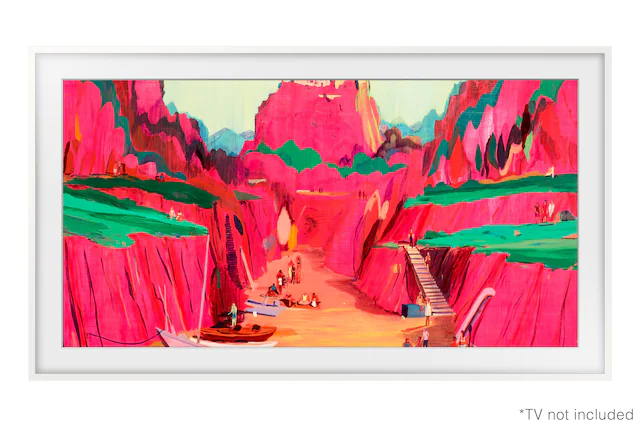 The image features a colorful painting of a mountainous landscape with a red canyon. The painting depicts a group of people walking through the canyon, with some of them carrying backpacks. The scene is vibrant and captures the essence of adventure and exploration. The painting is displayed in a frame, and the text "TV not included" is visible at the bottom of the image.