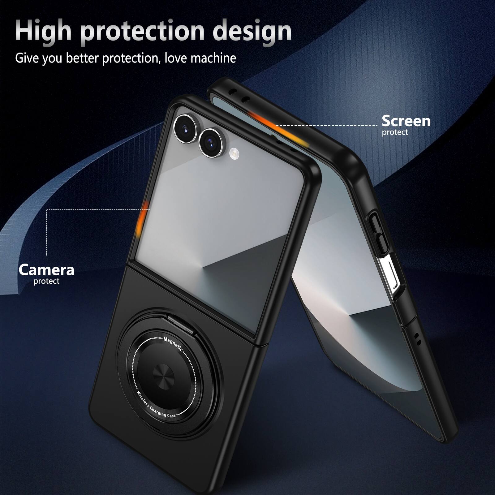 High protection design  
Give you better protection, love machine  

Screen protect  
Camera protect  

Magnetic Wireless Charging Case