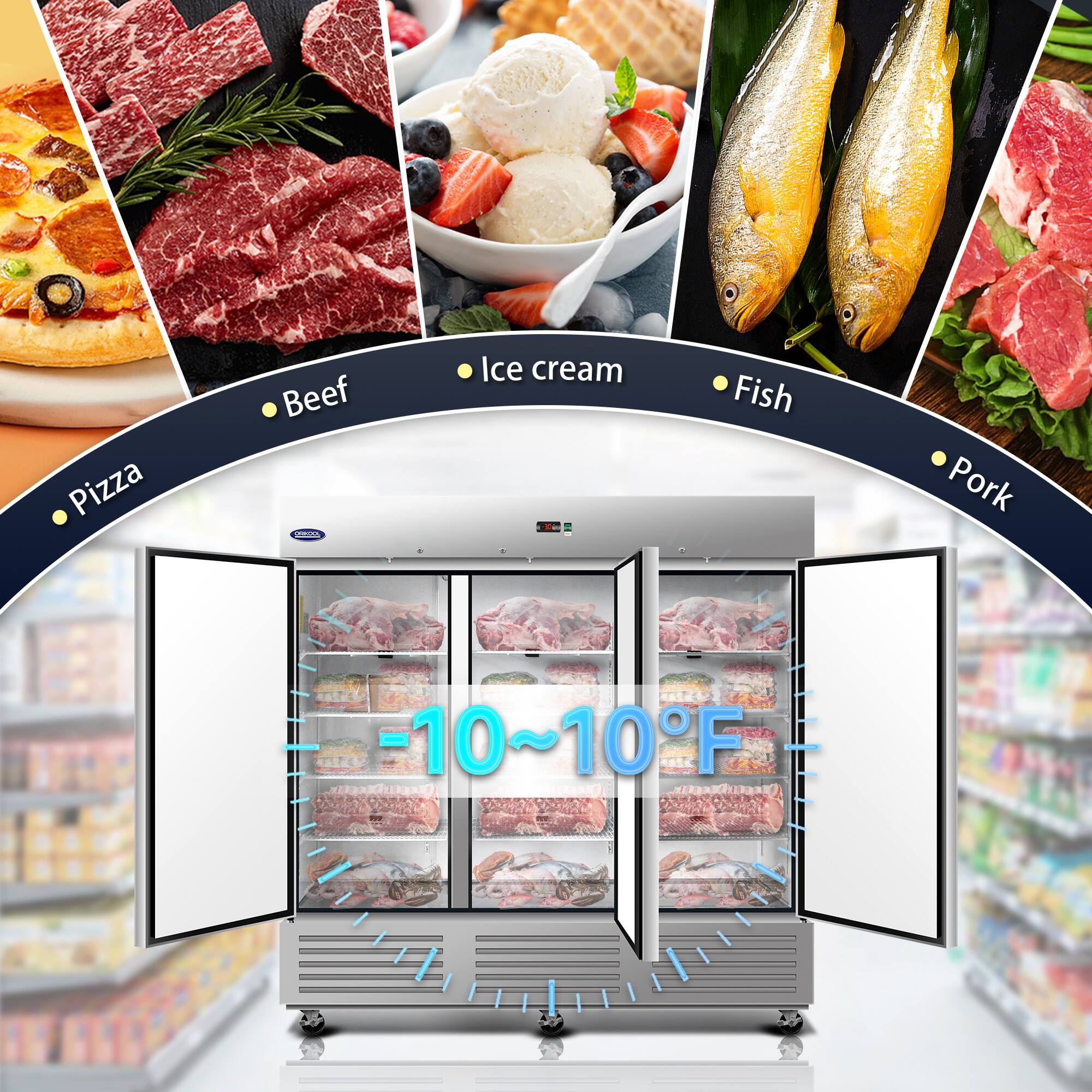 Pizza  
Beef  
Ice cream  
Fish  
Pork  

-10~10°F