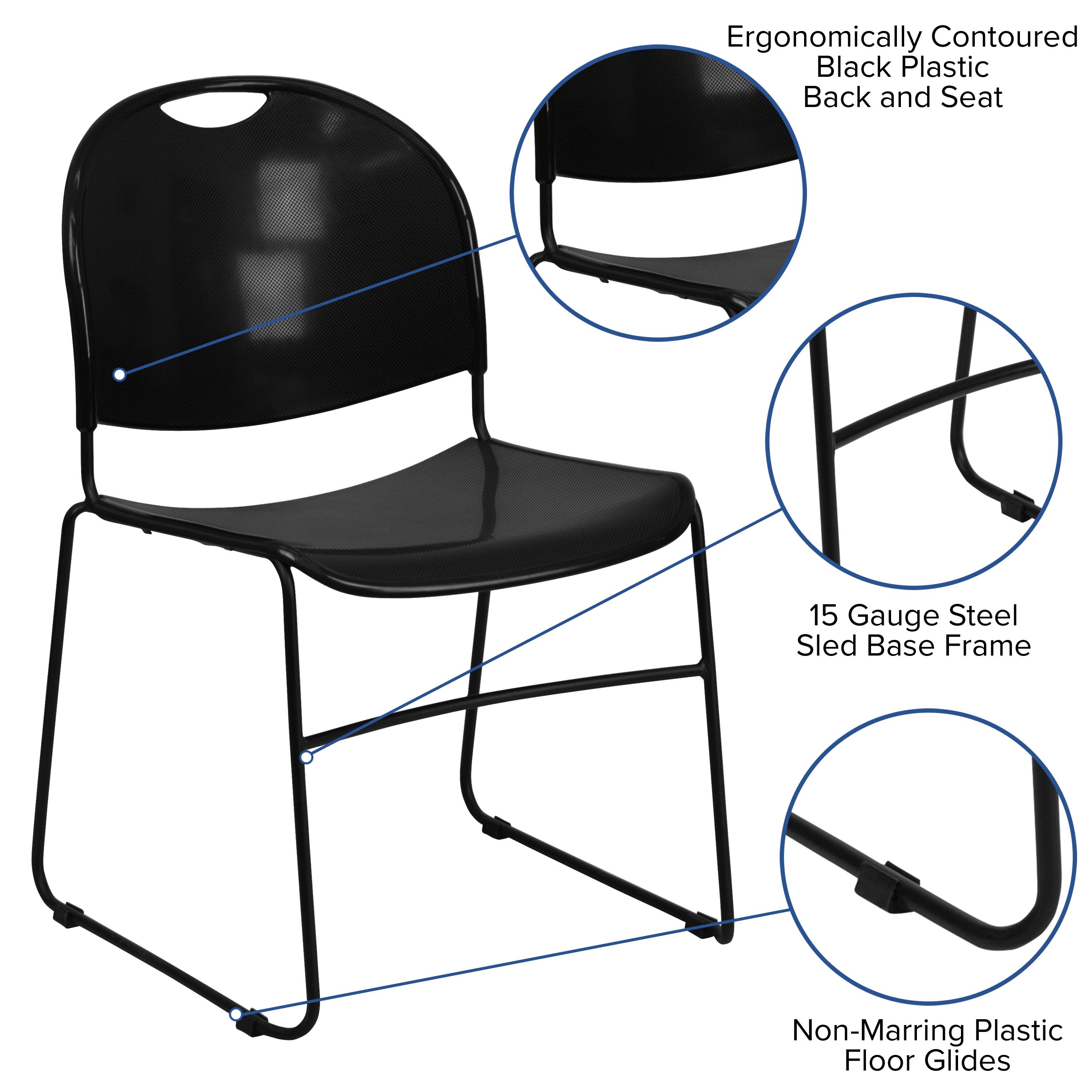 Ergonomically Contoured Black Plastic Back and Seat  
15 Gauge Steel Sled Base Frame  
Non-Marring Plastic Floor Glides