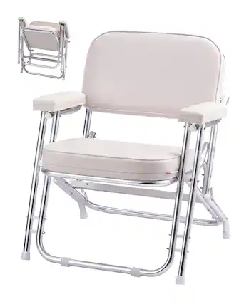 Front. VEVOR - Boat Seat, Folding Deck Chair Boat Seat with Aluminum Alloy Frame, Thickened Sponge Cushion & Waterproof PVC Leather - White.