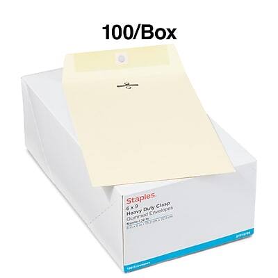 100/Box Staples Heavy Duty Clasp 6x9 Gummed Envelopes