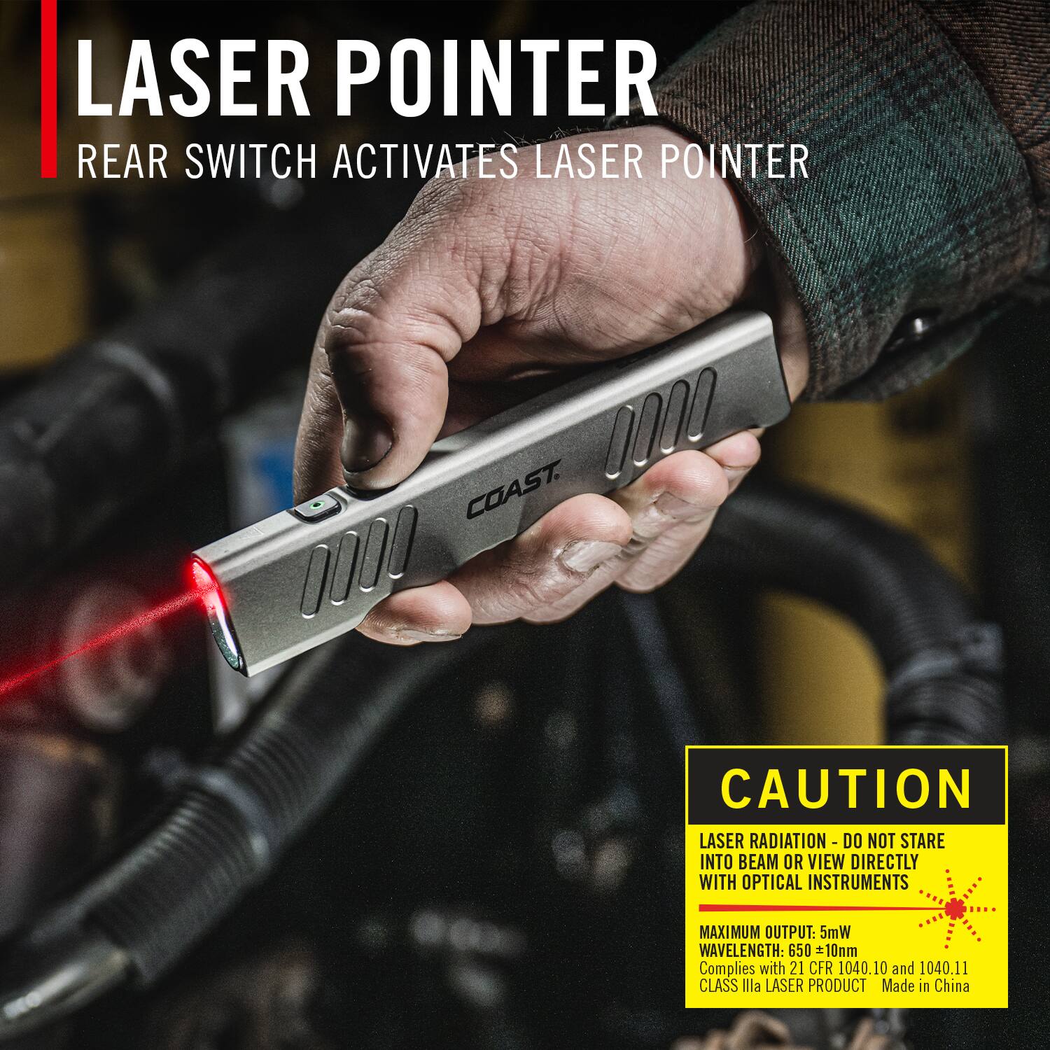 LASER POINTER  
REAR SWITCH ACTIVATES LASER POINTER  

CAUTION  
LASER RADIATION - DO NOT STARE INTO BEAM OR VIEW DIRECTLY WITH OPTICAL INSTRUMENTS  
MAXIMUM OUTPUT: 5mW  
WAVELENGTH: 650 ±10nm  
Complies with 21 CFR 1040.10 and 1040.11  
CLASS IIIa LASER PRODUCT  
Made in China