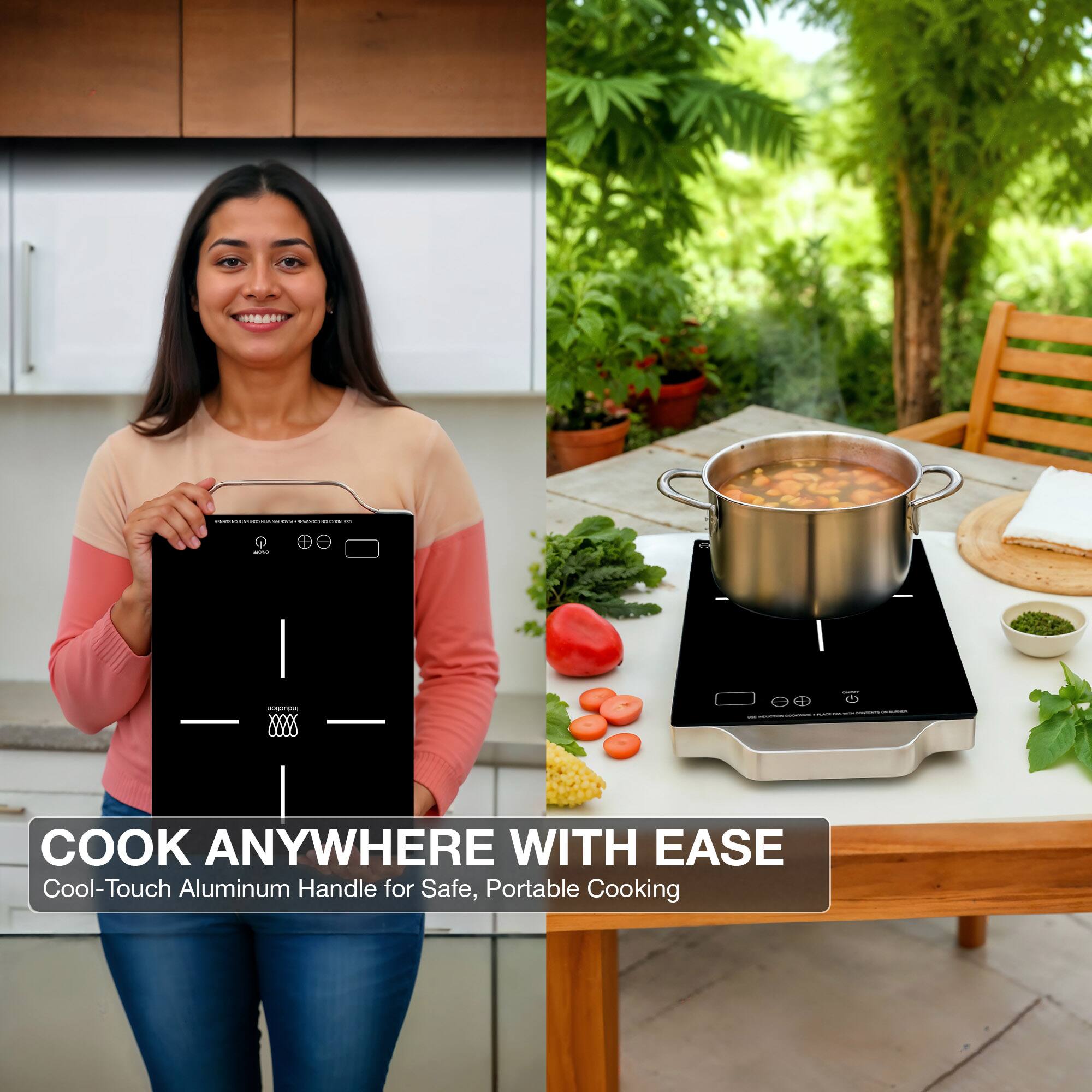 COOK ANYWHERE WITH EASE  
Cool-Touch Aluminum Handle for Safe, Portable Cooking