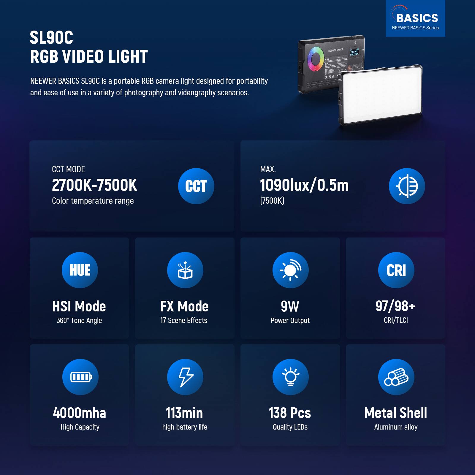 SL90C RGB VIDEO LIGHT - an NEWEER BASICS SL90C is a portable RGB camera light designed for portability and ease of use in a variety of photography and videography scenarios. 

- CCT MODE: 2700K-7500K (Color temperature range)
- MAX. 1090lux/0.5m (7500K)
- HUE: HSI Mode (360° Tone Angle)
- FX Mode (17 Scene Effects)
- 9W Power Output
- 97/98+ CRI/TLCI
- 4000mAh High Capacity
- 113min high battery life
- 138 Pcs Quality LEDs
- Metal Shell (Aluminum alloy)