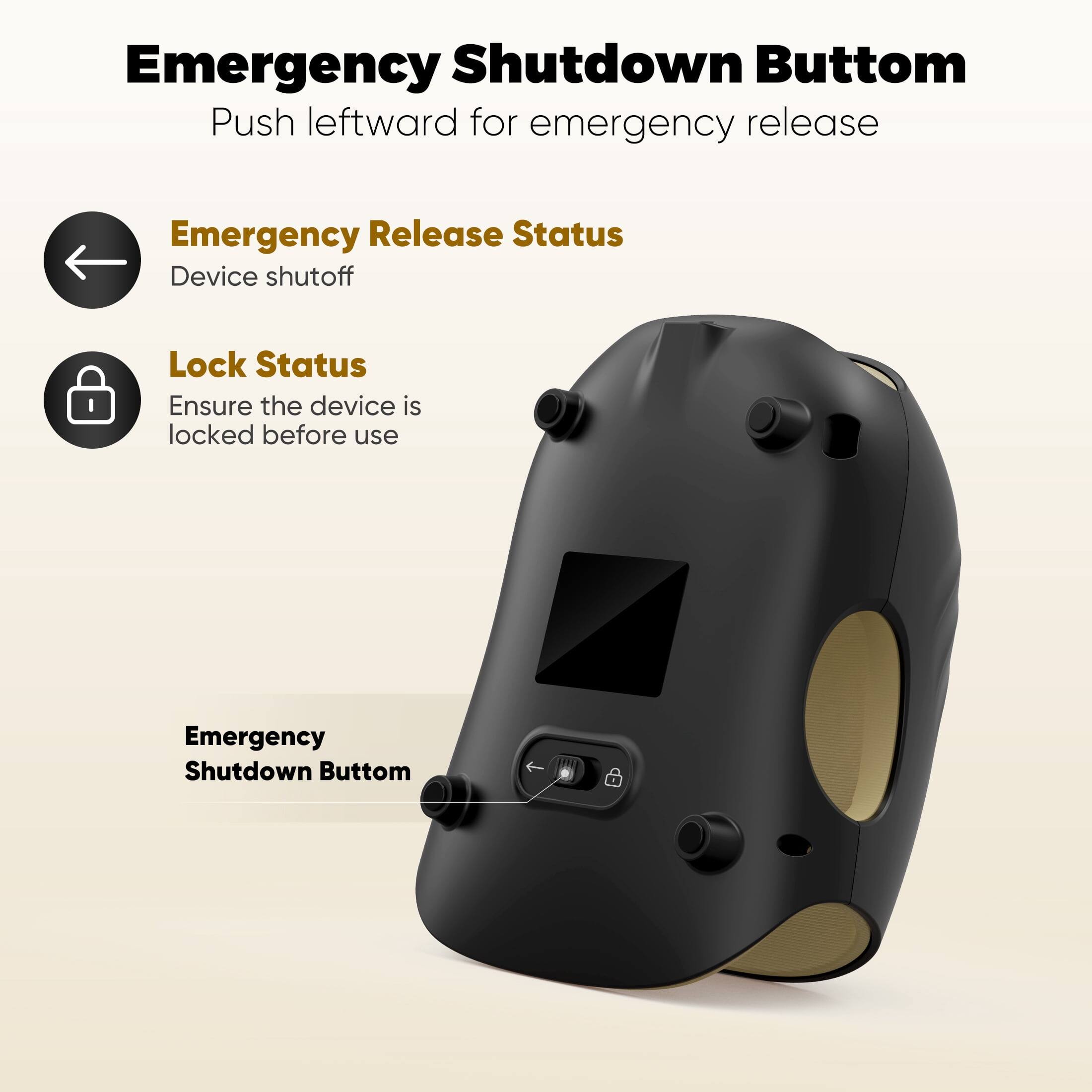 Emergency Shutdown Button  
Push leftward for emergency release  

Emergency Release Status  
Device shutoff  

Lock Status  
Ensure the device is locked before use