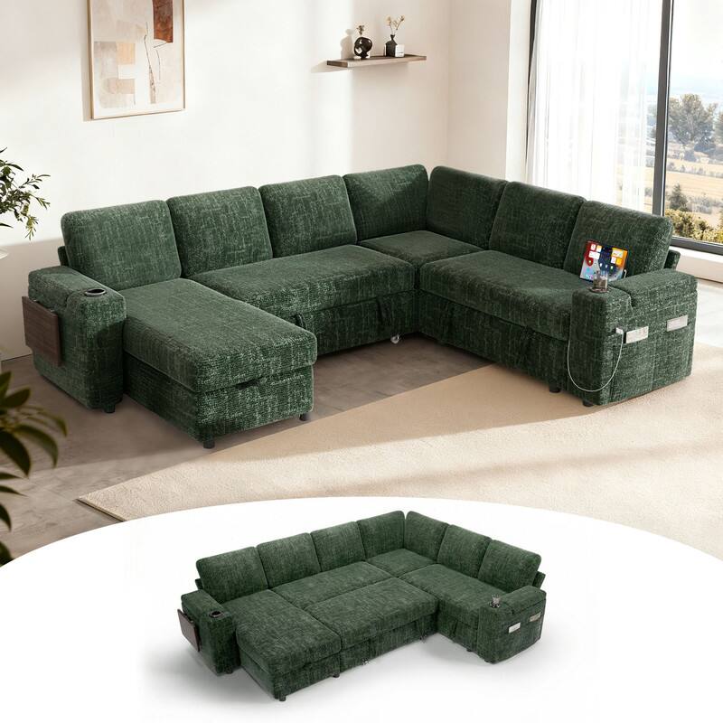 Dyonery - 110" Modular 7 Seat L Shaped Couch with comfortable Backrest|USB Ports|Cup Holders|Side Table|Storage Chaise Armrests - Green