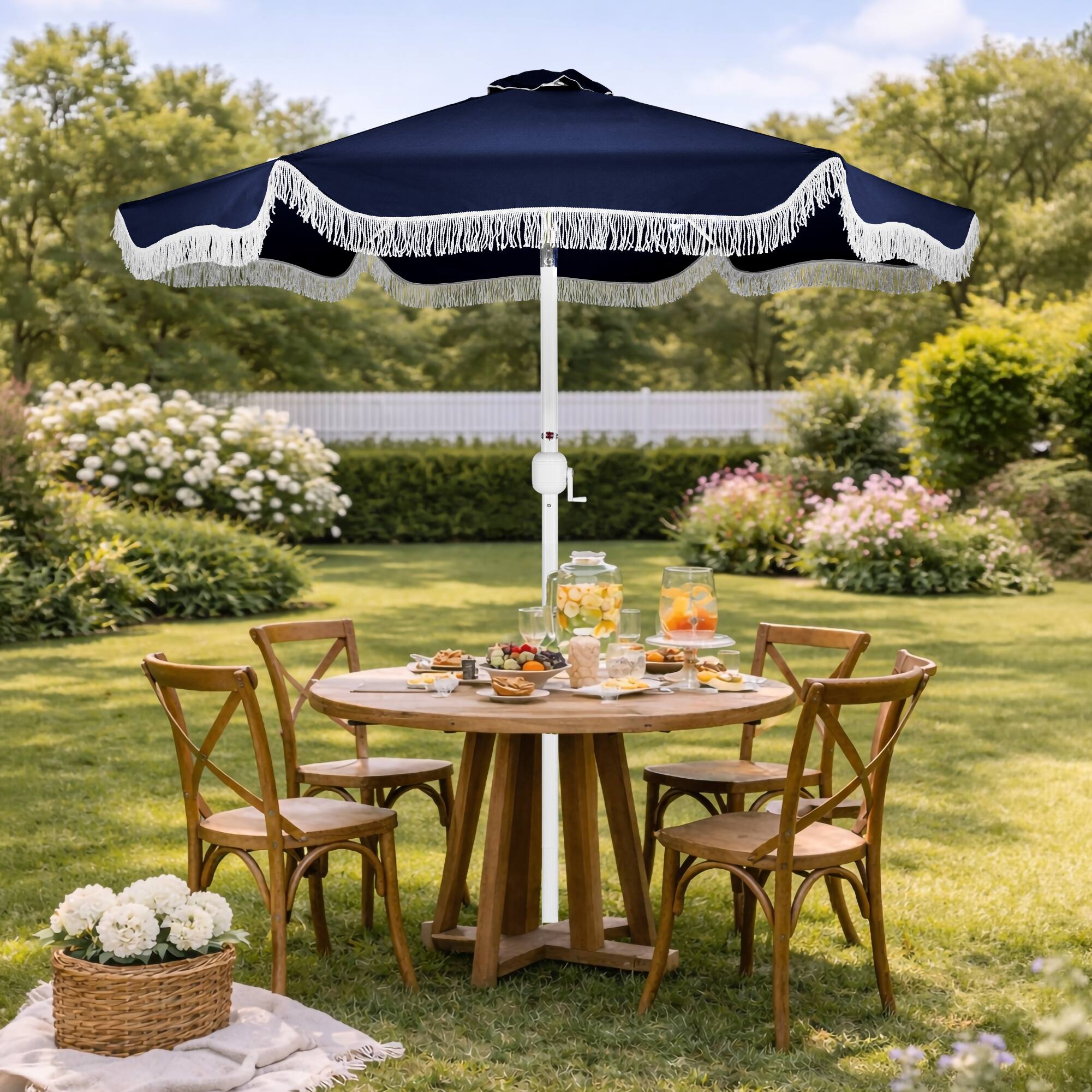 Alt View 8. Best Choice Products - Best Choice Products 9ft Fringe Market Umbrella  Boho Patio Sunshade w/ Tilt, UPF50+ - Navy Blue - Navy Blue.
