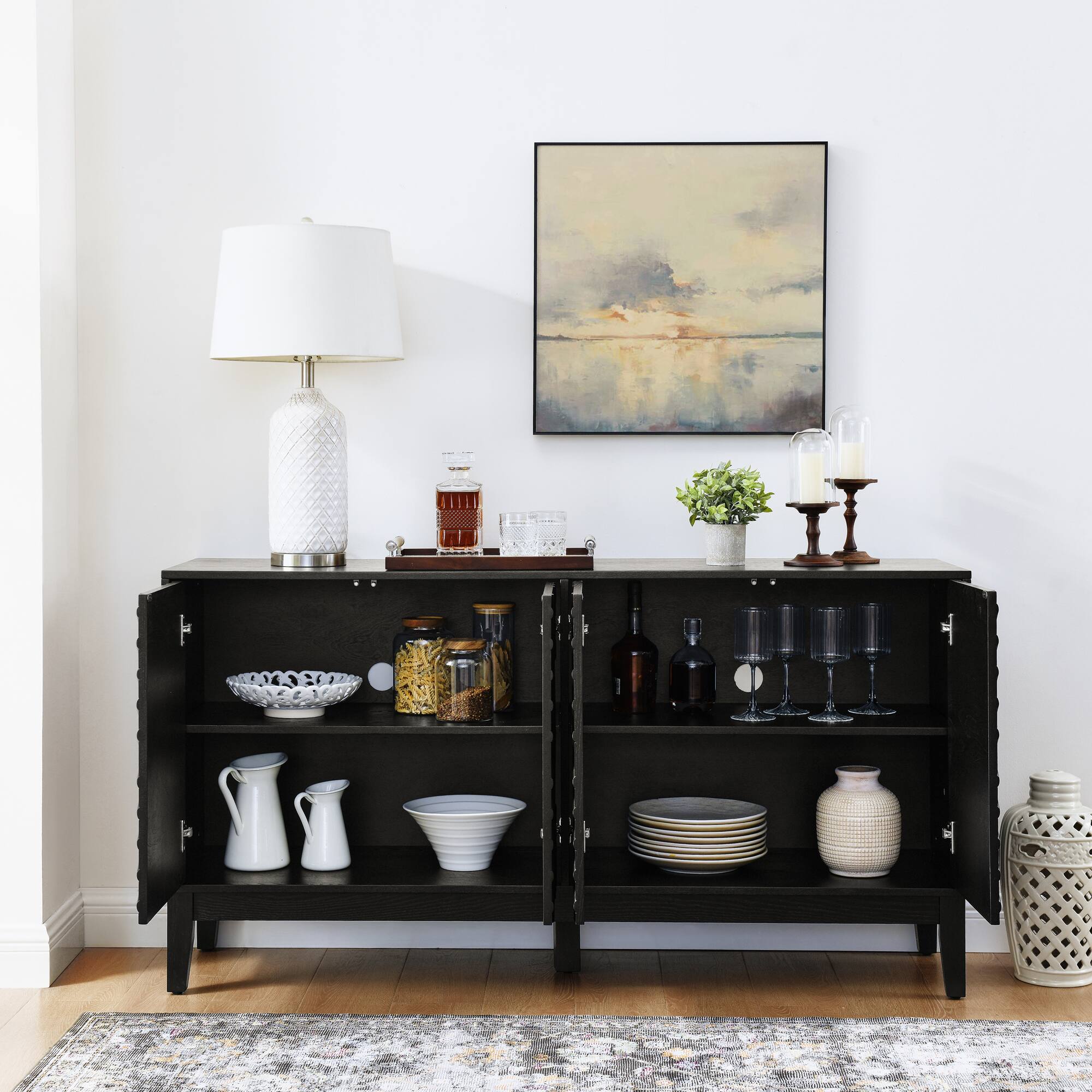 Angle. Spaco - Spaco 60.5'' Mid-Century Sideboard, Buffet with Fluted Doors,Geometric Pattern,Adjustable Shelves for Dining Living Room - Black.