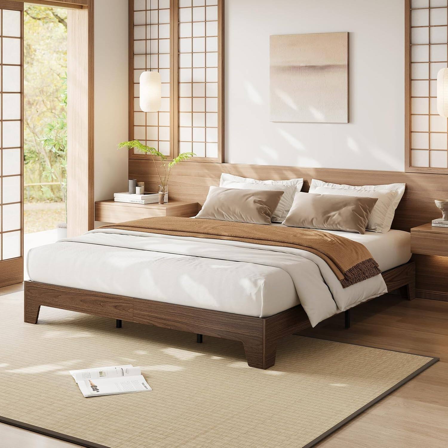 Front. GARVEE - California King Platform Bed Frame, Solid Wood & Metal Slat Support, 10.24" Underbed Storage, Walnut - Walnut.