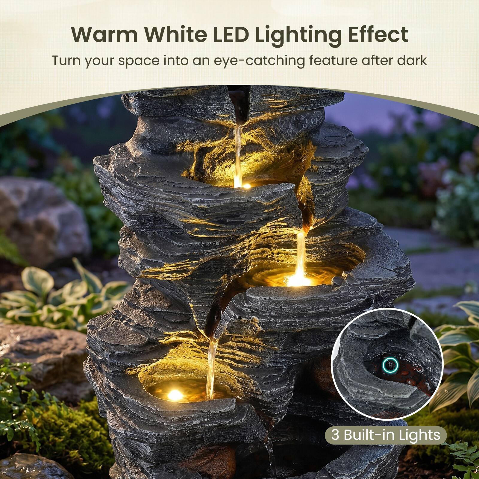 Warm White LED Lighting Effect  
Turn your space into an eye-catching feature after dark  
3 Built-in Lights