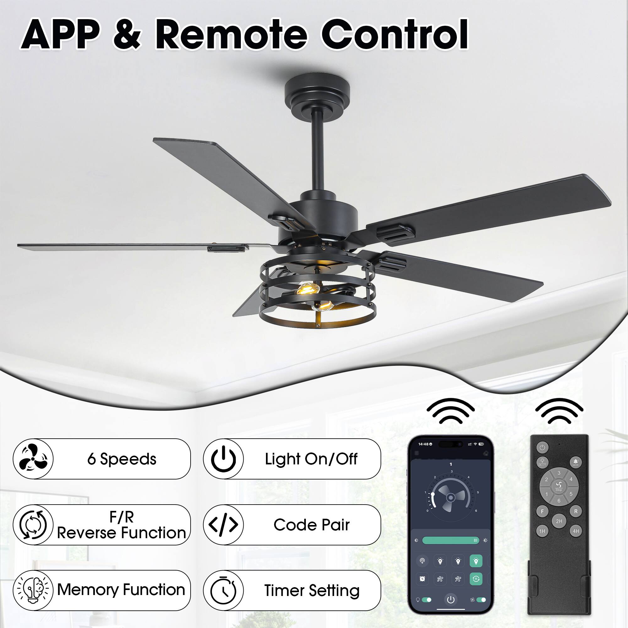 APP & Remote Control

- 6 Speeds
- Light On/Off
- F/R Reverse Function
- Code Pair
- Memory Function
- Timer Setting