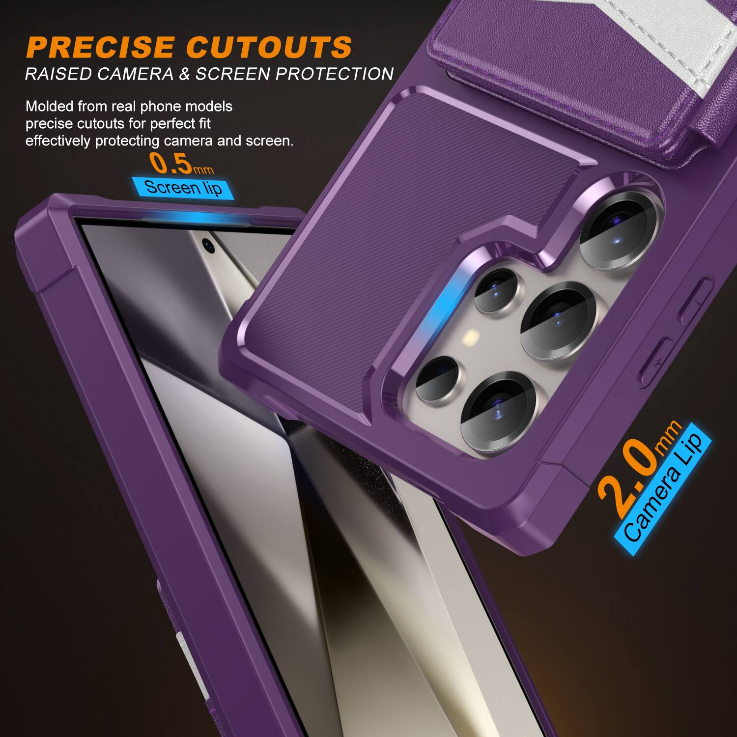PRECISE CUTOUTS  
RAISED CAMERA & SCREEN PROTECTION  

Molded from real phone models, precise cutouts for perfect fit, effectively protecting camera and screen.  

0.5mm Screen Lip  
2.0mm Camera Lip