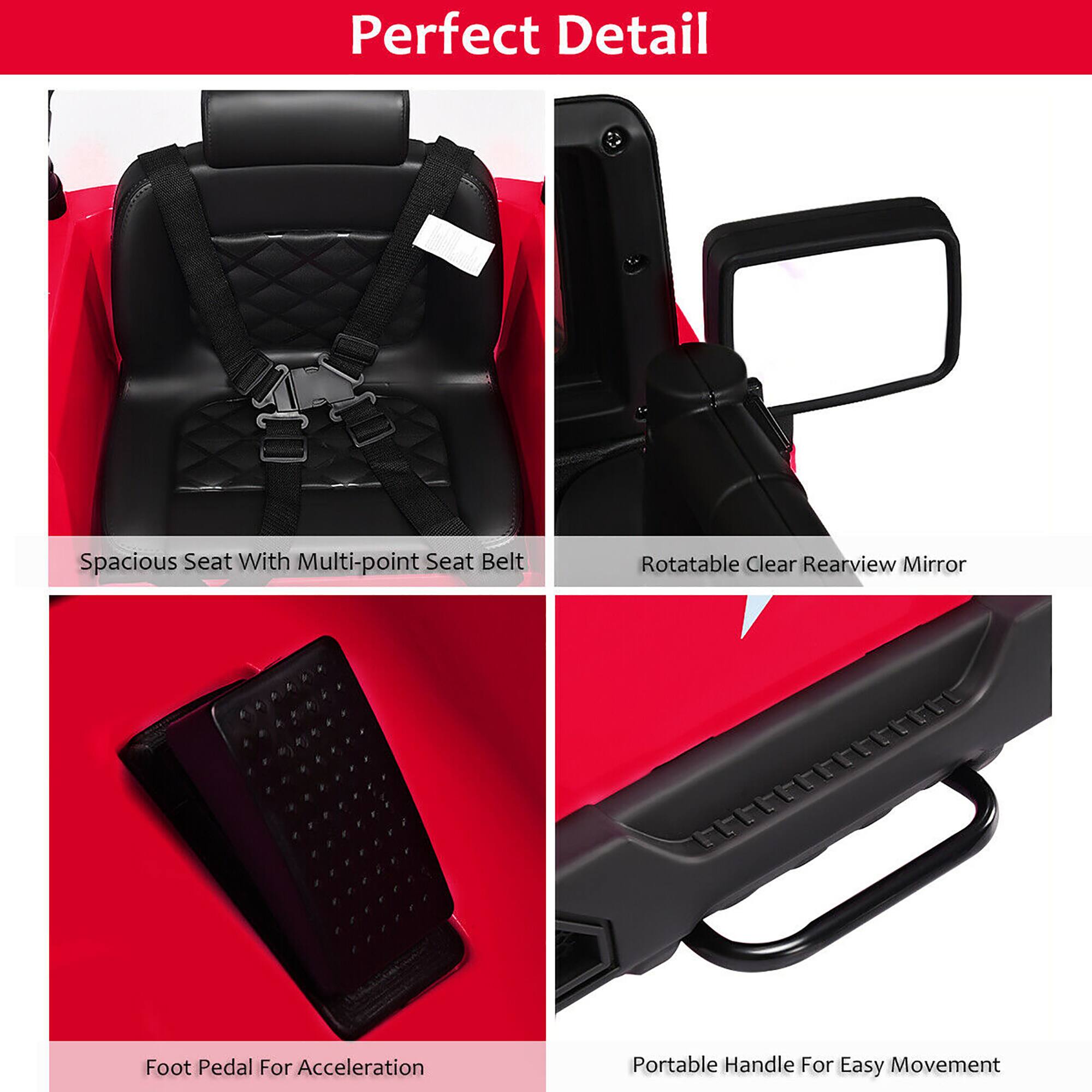 Perfect Detail Spacious Seat With Multi-point Seat Belt Rotatable Clear Rearview Mirror 4 Foot Pedal For Acceleration Portable Handle For Easy Movement