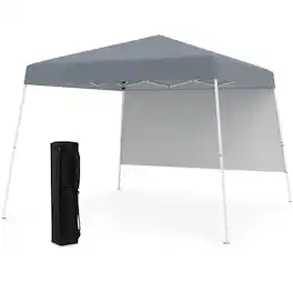 Costway - 10 X 10FT Pop up Canopy Tent with 1 Sidewall, Portable Backpack, 4 Stakes Slant Leg - Gray