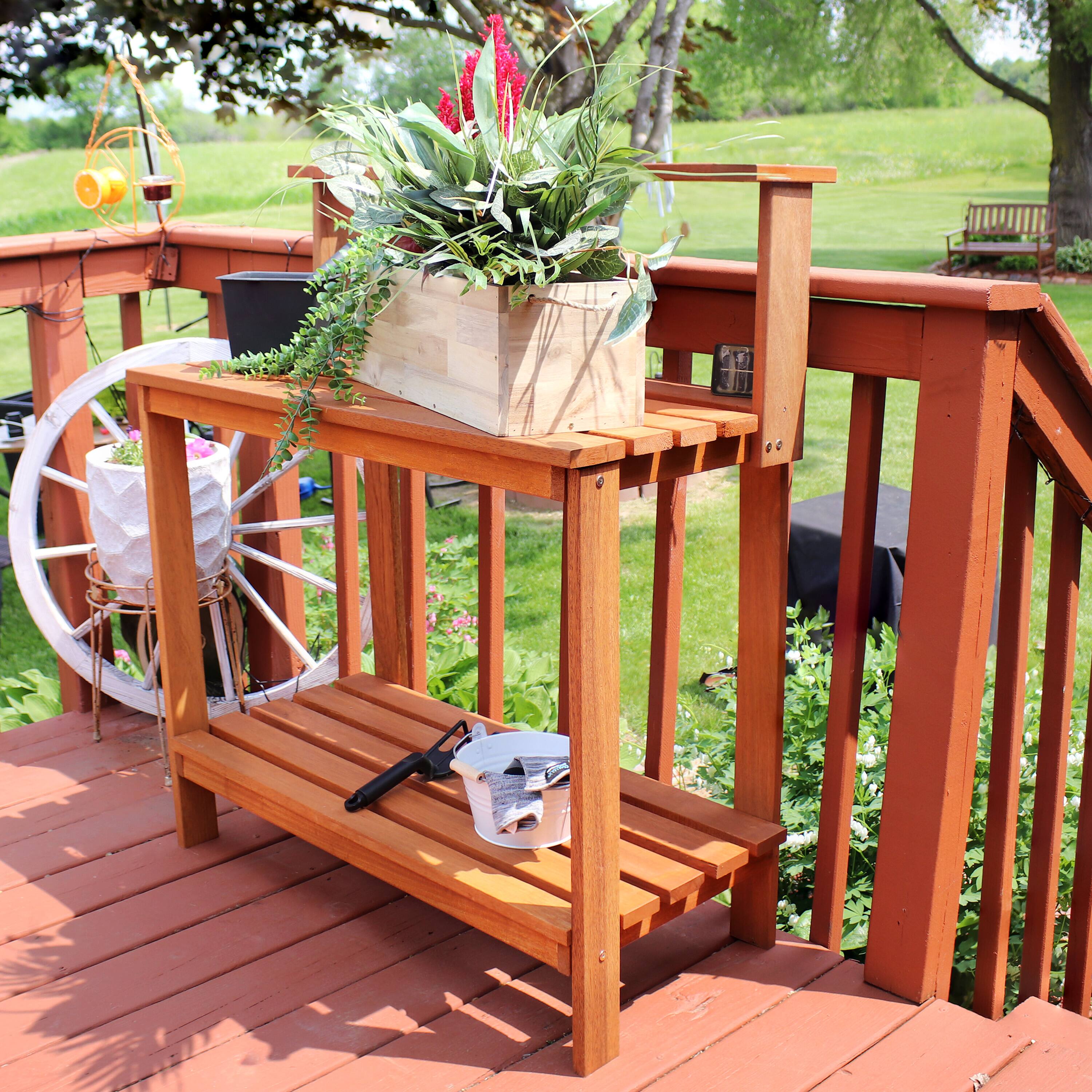 Alt View 3. Sunnydaze - Meranti Wooden Outdoor Potting Bench with Teak Oil Finish - 42 in - Brown.