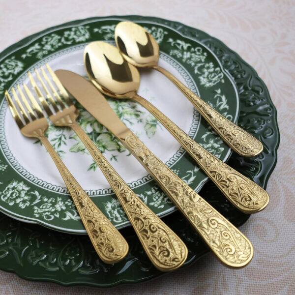 Alt View 1. Furno Fusion - Modern Embossed Vintage Carved Flatware Cutlery - Gold.