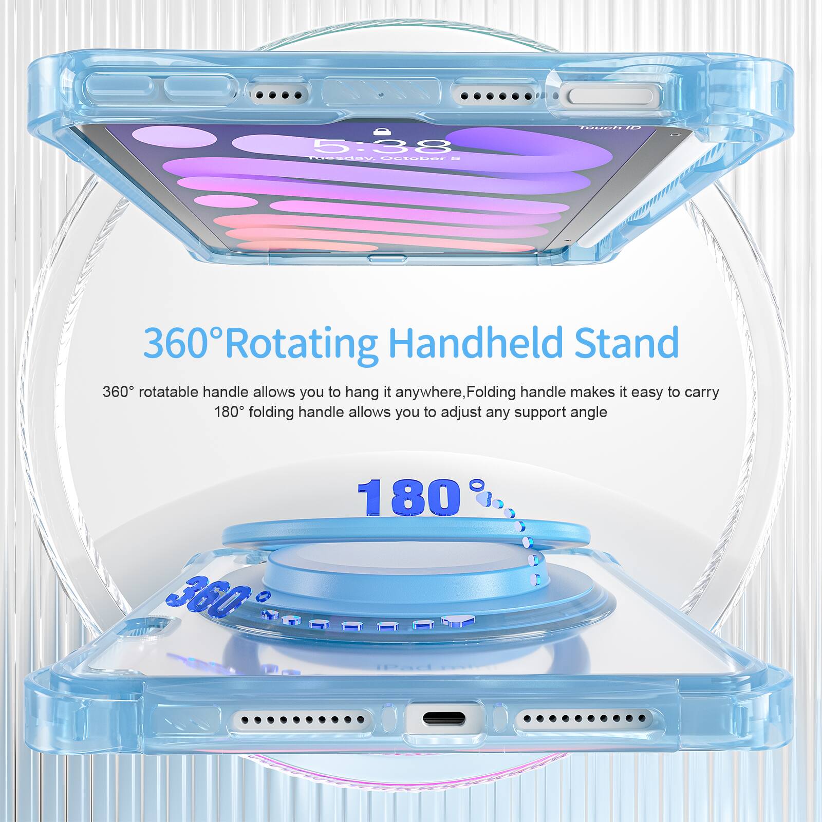 5:38 eday Ut888r - TUD . 360° Rotating Handheld Stand

360° rotatable handle allows you to hang it anywhere, Folding handle makes it easy to carry 180° folding handle allows you to adjust any support angle