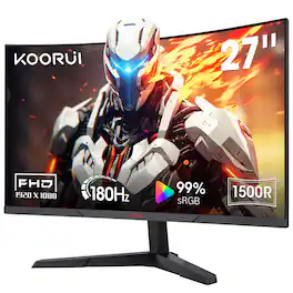 KOORUI - Curved 27 Inch Gaming Monitor, Full HD 1080p R1500 180Hz VA Computer Monitor, 99% sRGB, Built-in Adaptive Sync - Black