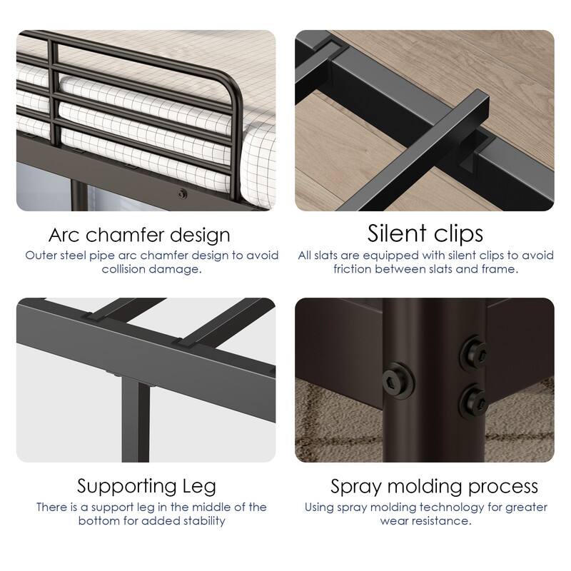 Arc chamfer design  
Outer steel pipe arc chamfer design to avoid collision damage.  

Silent clips  
All slats are equipped with silent clips to avoid friction between slats and frame.  

Supporting Leg  
There is a support leg in the middle of the bottom for added stability  

Spray molding process  
Using spray molding technology for greater wear resistance.