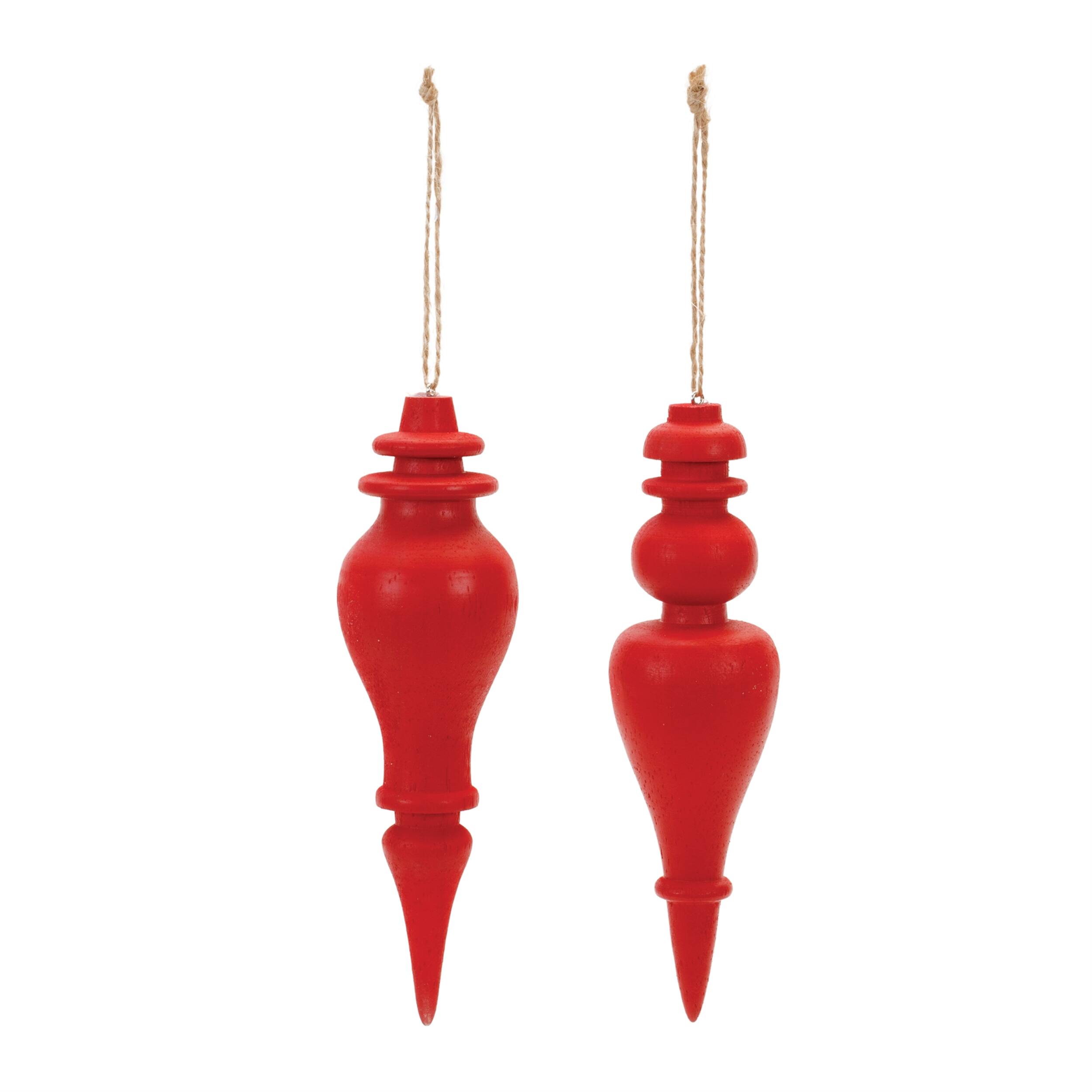 Angle. BreeBe - Red Wood Finial Drop Ornament (Set of 6) - Red.
