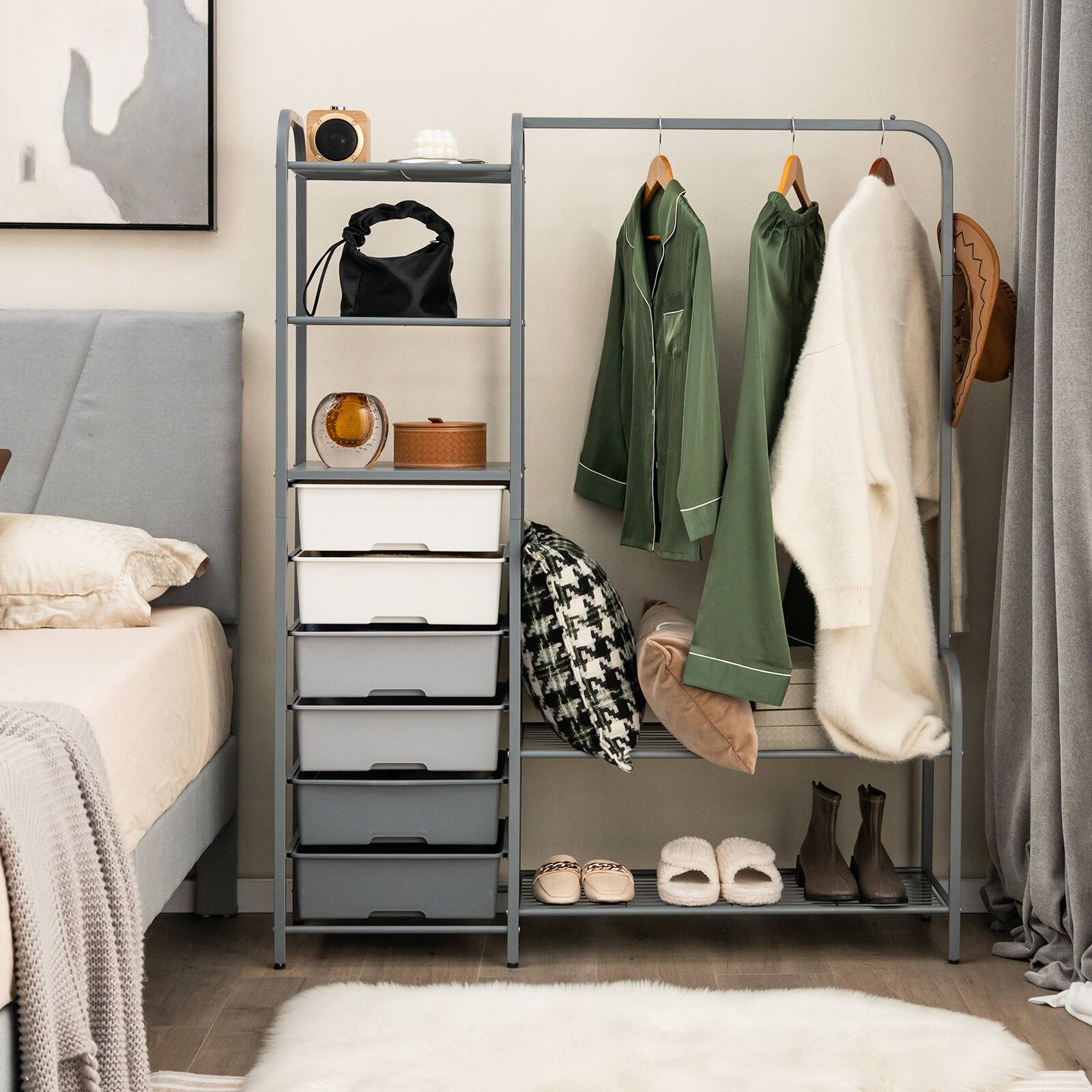 Alt View 2. Costway - Costway Heavy Duty Clothes Rack with 6 Removable Drawers 3-Tier Open Shelves & 2-Tier Metal Shoe Rack Side Hook - Grey.