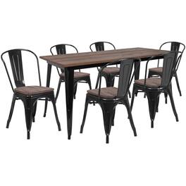 Emma + Oliver - 30.25" x 60" Metal/Wood Table Set - 6 Stack Chairs - Black