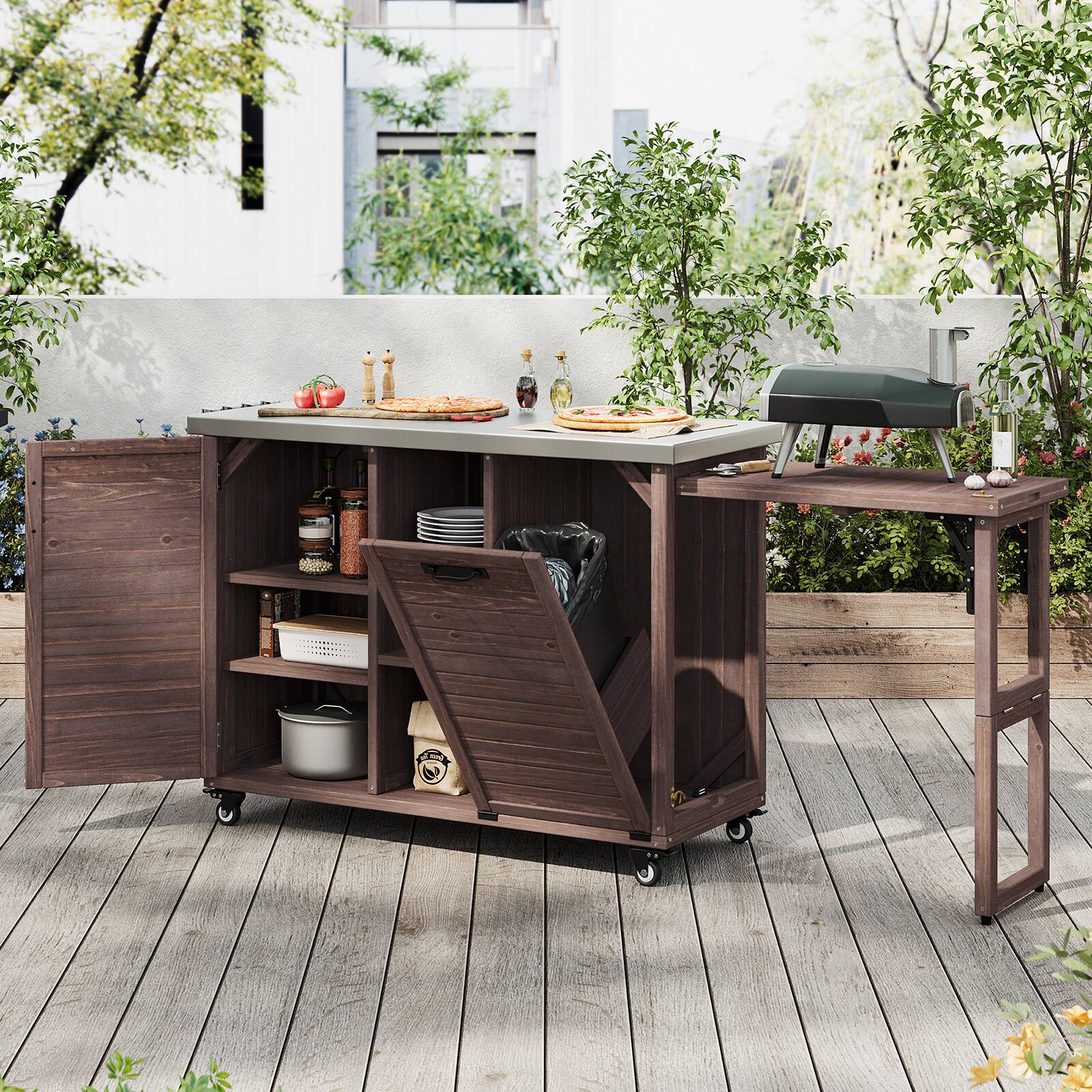 Alt View 9. Chateau Abodes - 78.3" Outdoor Kitchen Island with Foldable Grill Table, Wooden Cart with Stainless Steel Top & Trash Storage - Dark Brown.