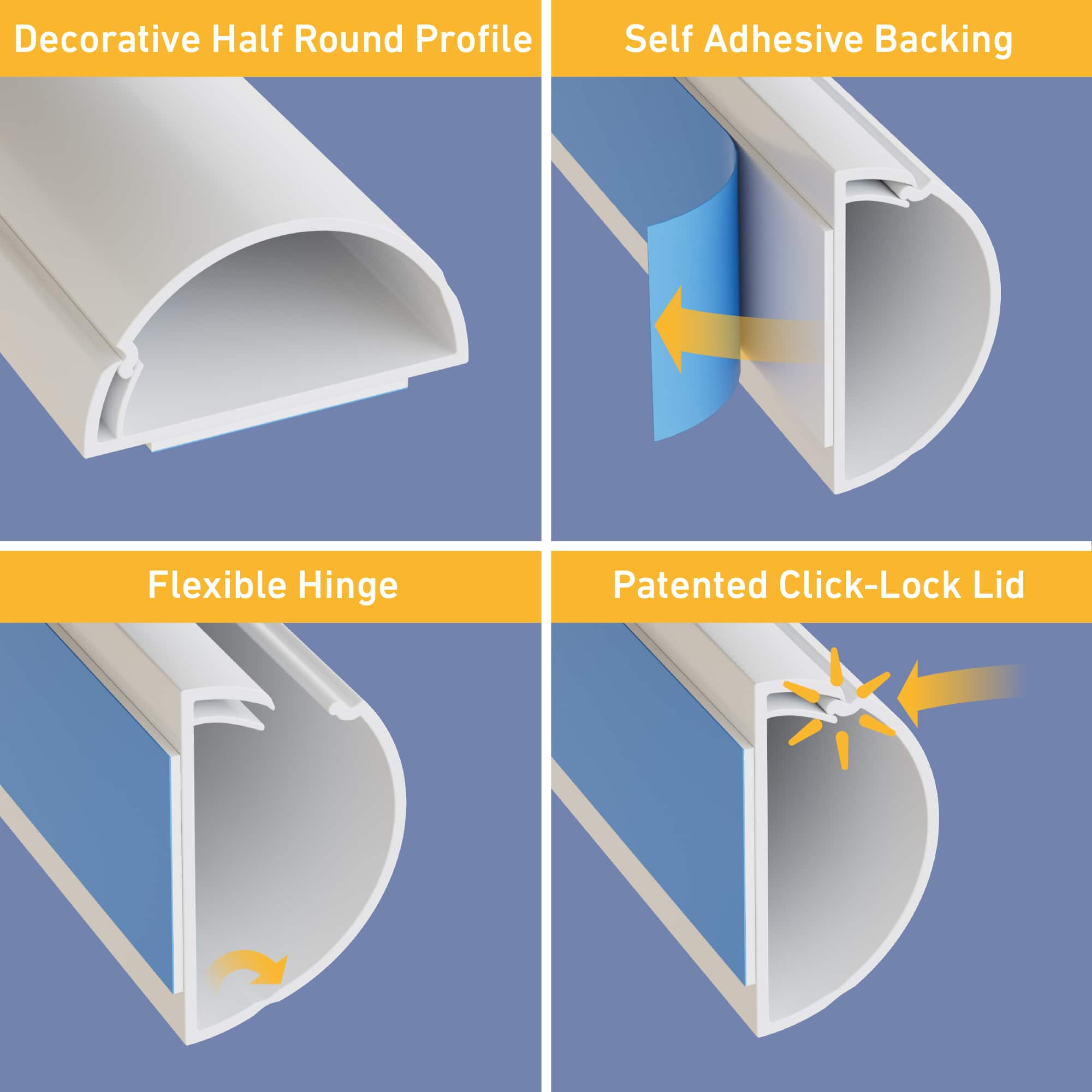 The text on the image can be grouped and corrected as follows:
1. Decorative Half Round Profile: This refers to the decorative design on the profile of the tubing.
2. Self Adhesive Backing: This refers to the adhesive backing on the tubing, which allows it to be easily attached to a surface.
3. Flexible Hinge: This refers to the hinge on the tubing, which provides flexibility and allows the tubing to bend.
4. Patented Click-Lock Lid: This refers to the patented click-lock lid on the tubing, which provides a secure and easy-to-use closure.