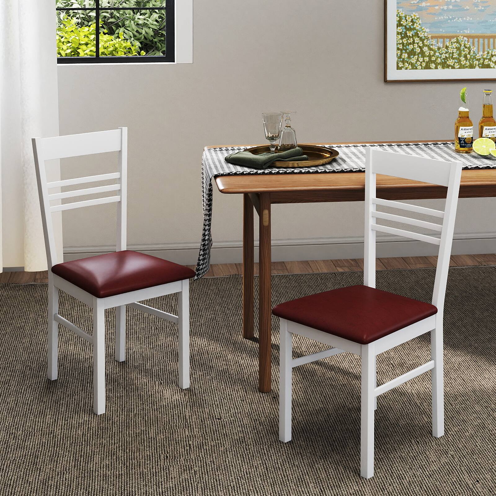 Alt View 1. Gymax - Gymax Wood Dining Chairs Set of 2 w/Rubber Wood Frame Padded Seat & Slatted Backrest White - White.