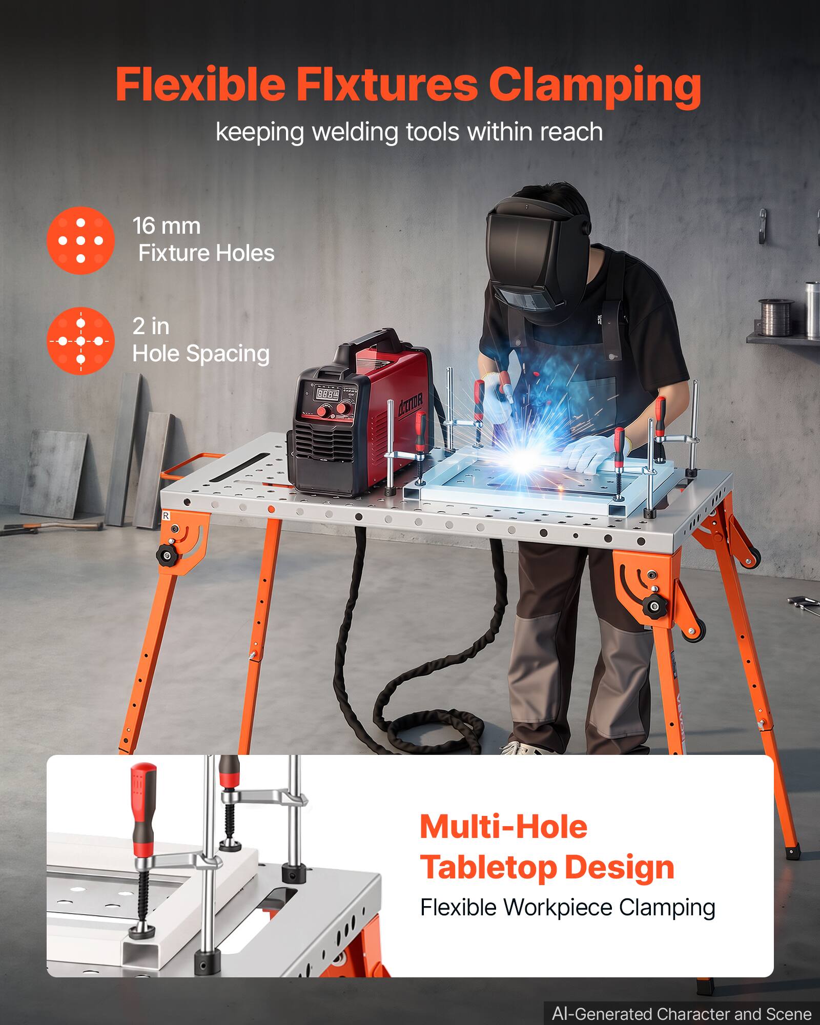 Flexible Fixtures Clamping  
keeping welding tools within reach

16 mm Fixture Holes  
2 in Hole Spacing

Multi-Hole Tabletop Design  
Flexible Workpiece Clamping

AI-Generated Character and Scene