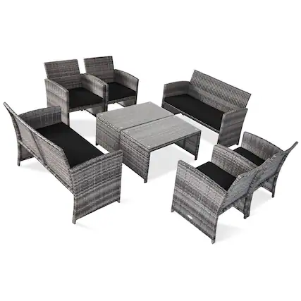Front. Costway - Costway 8PCS Patio Rattan Furniture Set Conversation Glass Table Top Sofa Cushioned - Black.