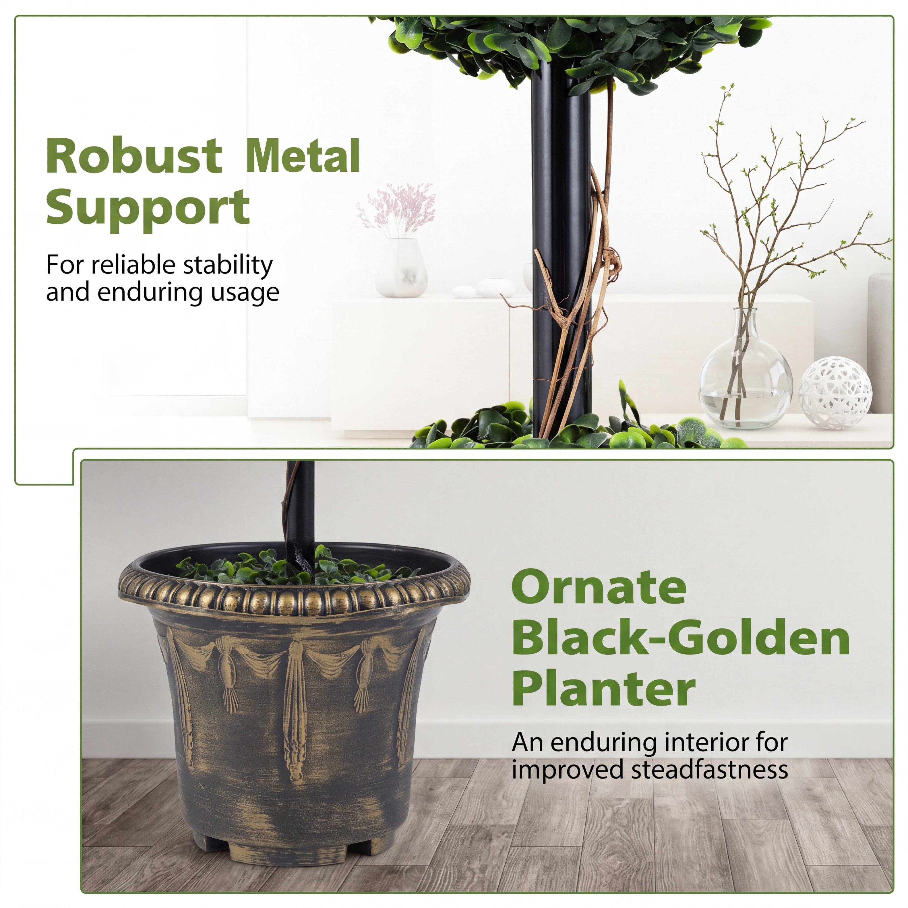 Robust Metal Support  
For reliable stability and enduring usage

Ornate Black-Golden Planter  
An enduring interior for improved steadfastness