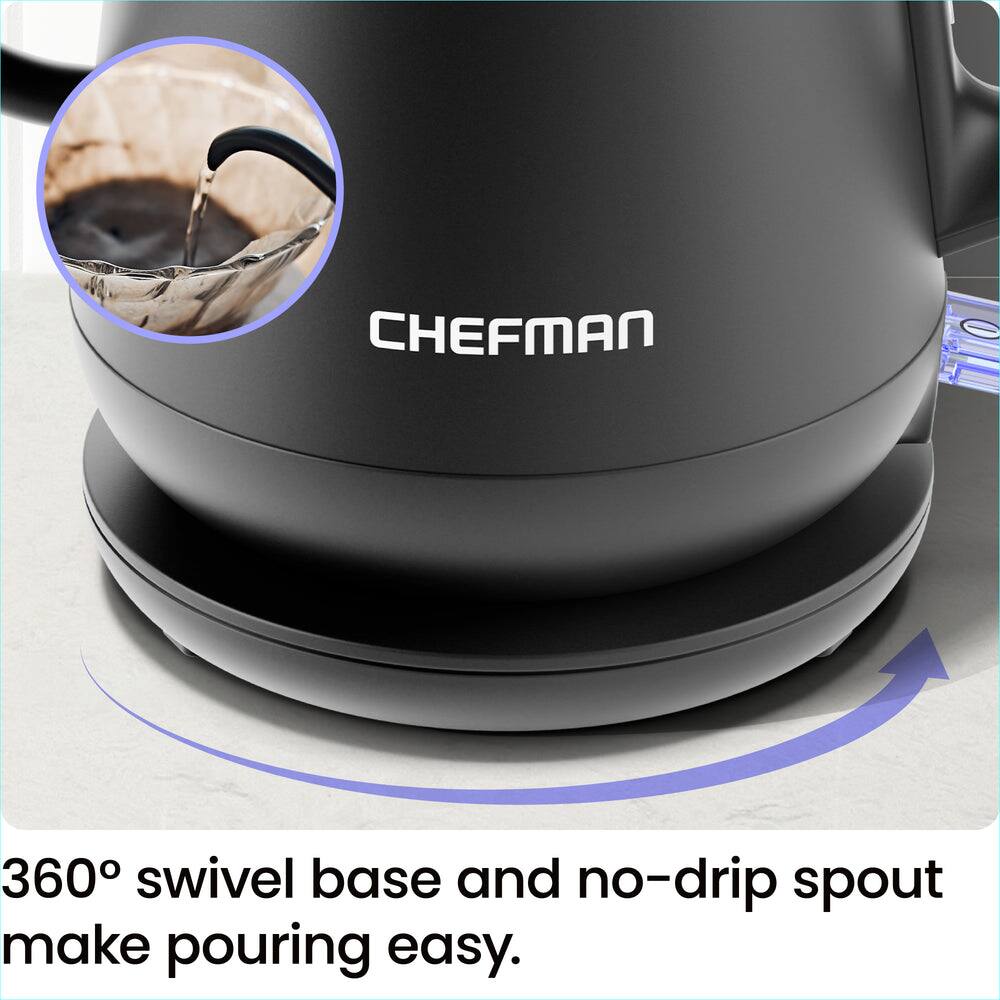 CHEFMAN 360° swivel base and no-drip spout make pouring easy.