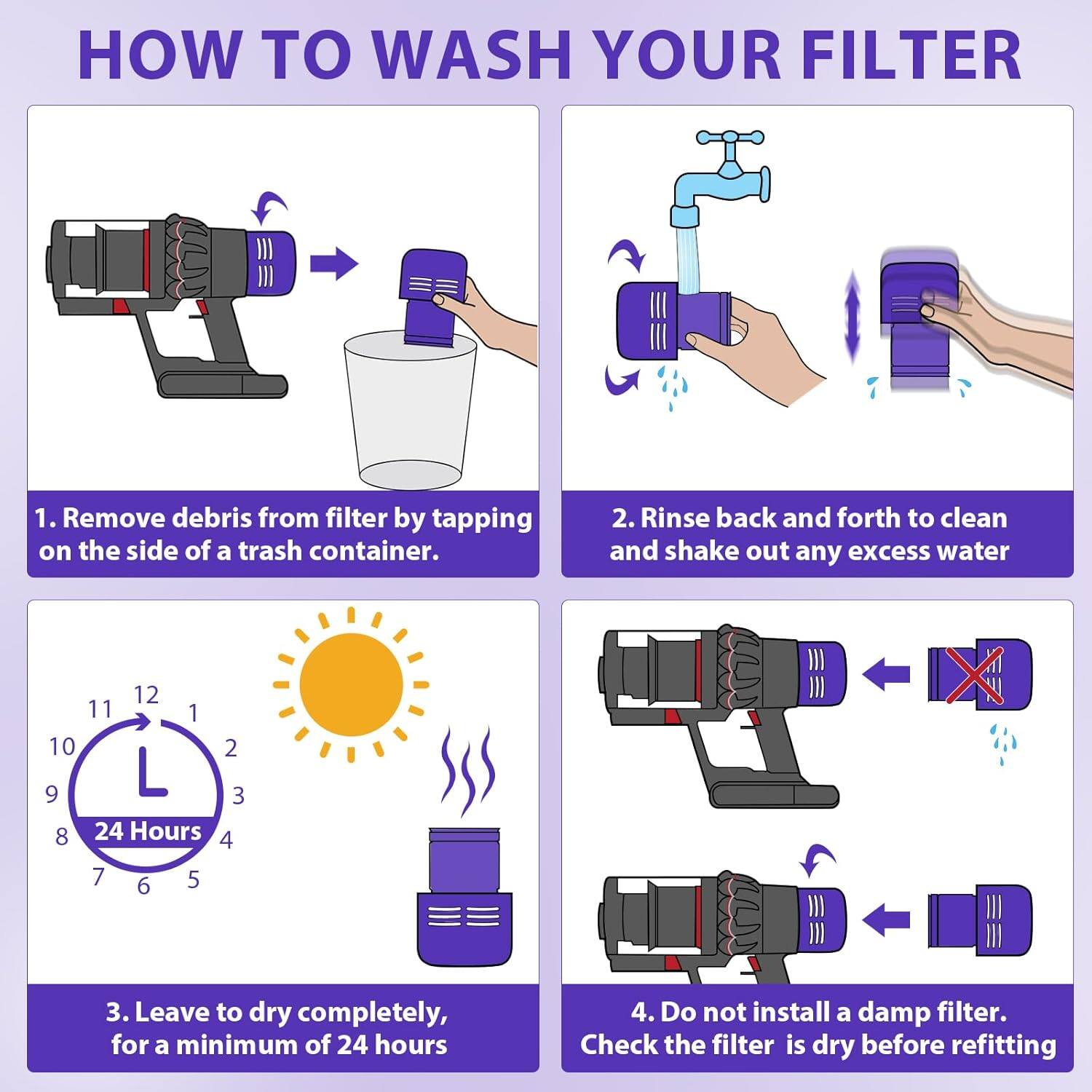 **HOW TO WASH YOUR FILTER**

1. Remove debris from filter by tapping on the side of a trash container.

2. Rinse back and forth to clean and shake out any excess water.

3. Leave to dry completely, for a minimum of 24 hours.

4. Do not install a damp filter. Check the filter is dry before refitting.