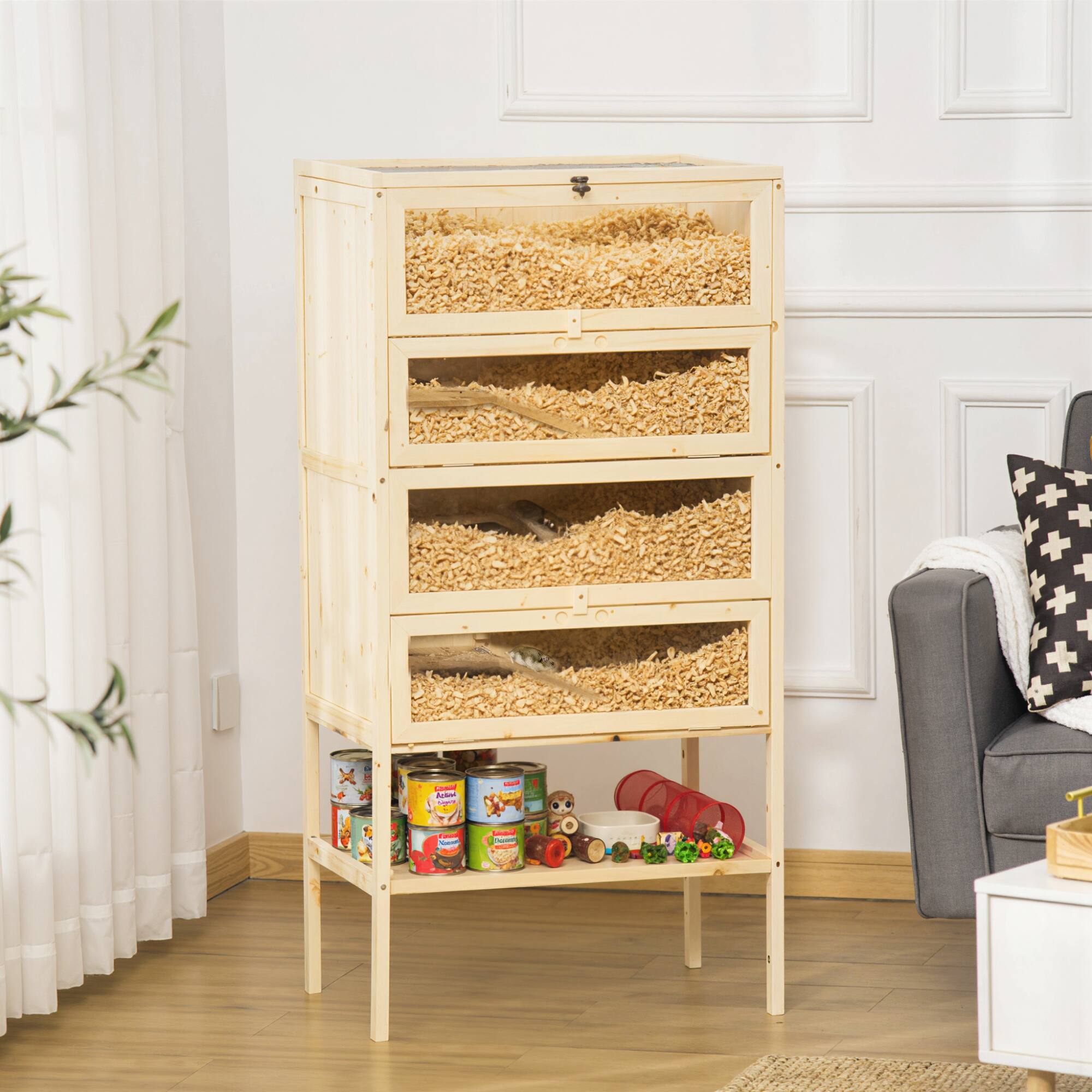 Alt View 1. Pawhut - 5-Tier Wooden Hamster Cage Mice Habitat Rat Habitat with Openable Top, Front Door and Storage Shelf.