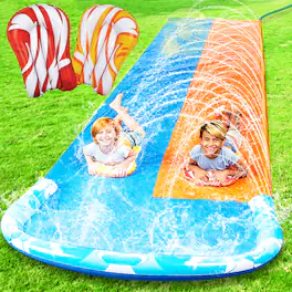 Joyfy - 22.5ft Slip Water Slide with 2 Bodyboards, Summer Double Lawn Water Slip with Build in Sprinkler for Backyard