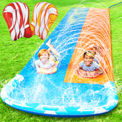 Front. Joyfy - 22.5ft Slip Water Slide with 2 Bodyboards, Summer Double Lawn Water Slip with Build in Sprinkler for Backyard.