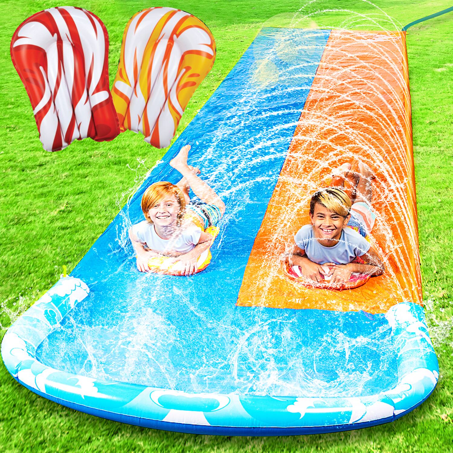 Front. Joyfy - 22.5ft Slip Water Slide with 2 Bodyboards, Summer Double Lawn Water Slip with Build in Sprinkler for Backyard.