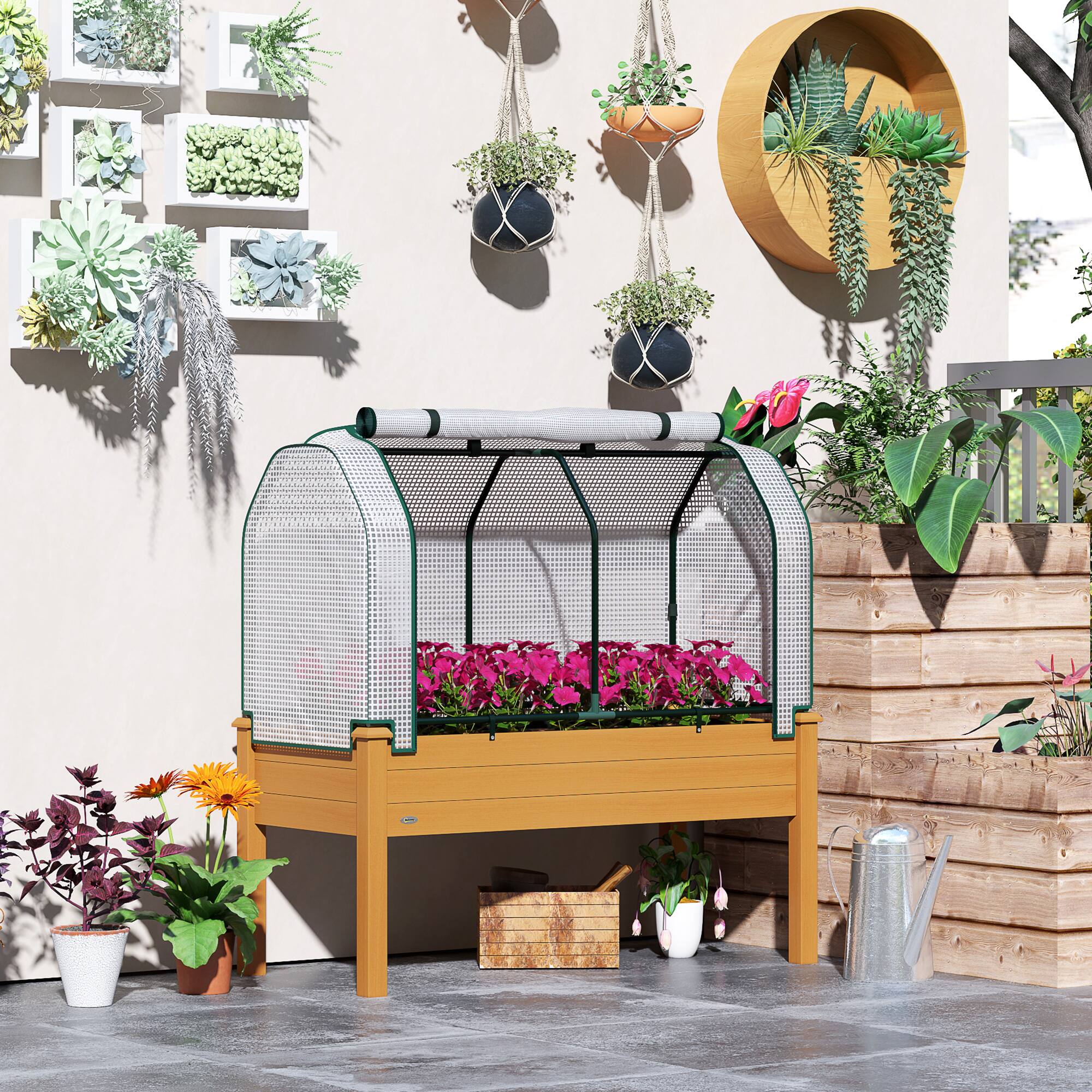 Alt View 1. Outsunny - Raised Garden Bed with PE Greenhouse Cover Outdoor Elevated Wood Planter Box for Herbs and Vegetables.