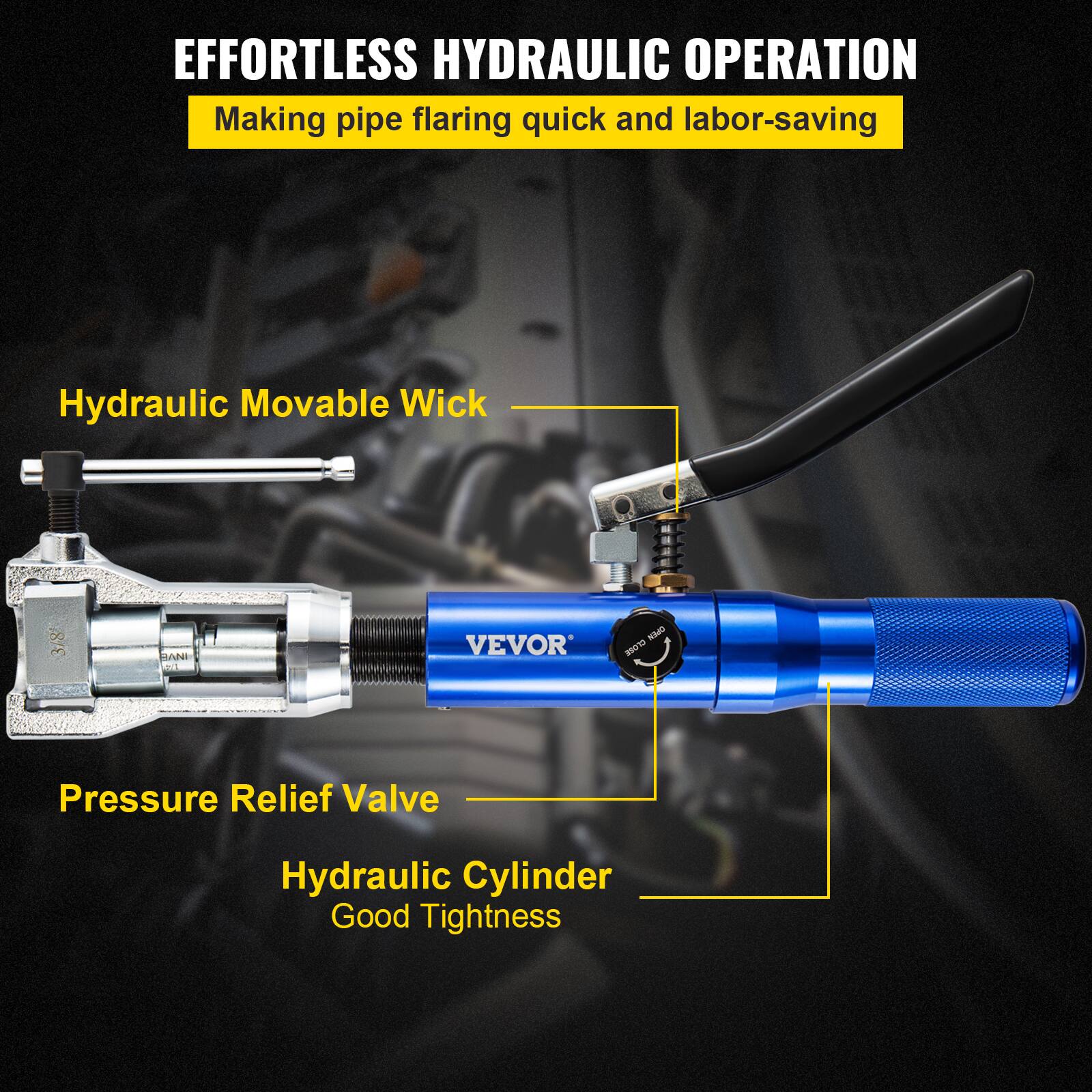 EFFORTLESS HYDRAULIC OPERATION  
Making pipe flaring quick and labor-saving

- Hydraulic Movable Wick
- Pressure Relief Valve
- Hydraulic Cylinder
- Good Tightness